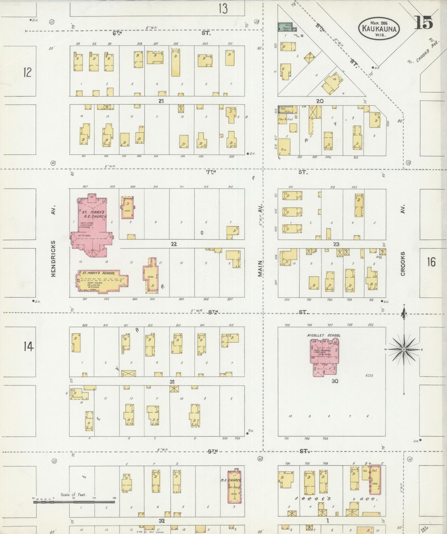 Sanborn Fire Insurance Map from Kaukauna, Outagamie County, Wisconsin (1906), Sheet #0015 - Historic Sanborn Fire Insurance Map Print, vintage old map wall art, antique decor, genealogy gift, Wisconsin Wisconsin map