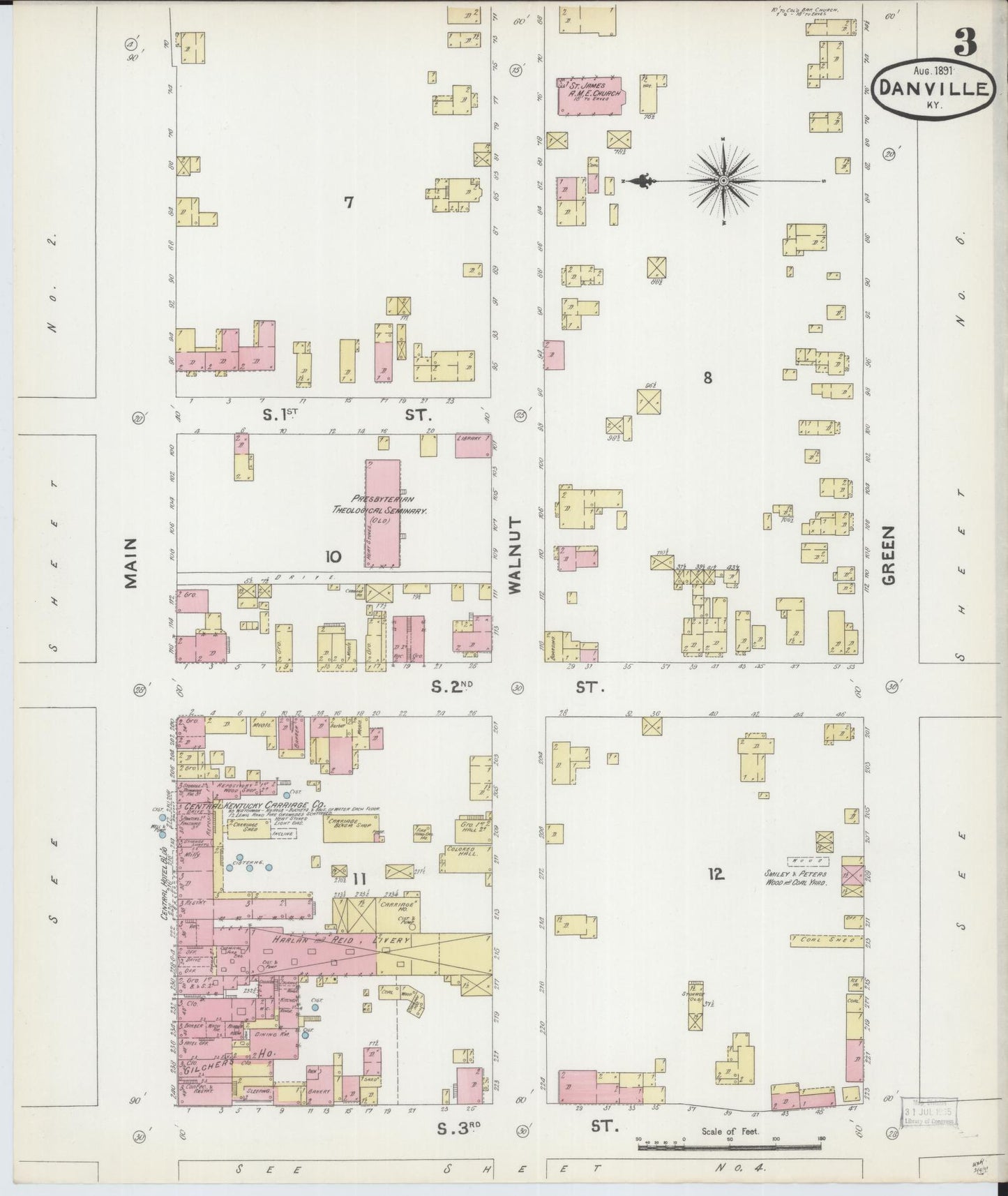 Sanborn Fire Insurance Map from Danville, Boyle County, Kentucky (1891), Sheet #0003 - Historic Sanborn Fire Insurance Map Print, vintage old map wall art, antique decor, genealogy gift, Kentucky Kentucky map