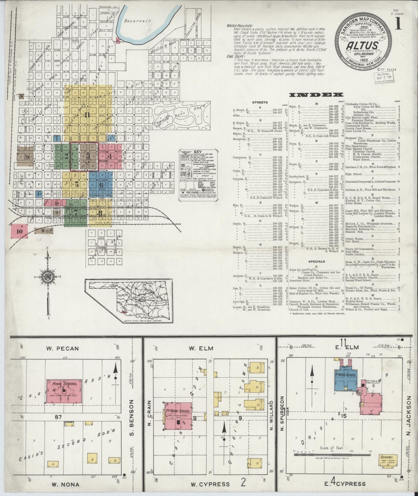 Sanborn Fire Insurance Map from Altus, Jackson County, Oklahoma (1920), Sheet #0001 - Historic Sanborn Fire Insurance Map Print, vintage old map wall art, antique decor, genealogy gift, Oklahoma Oklahoma map