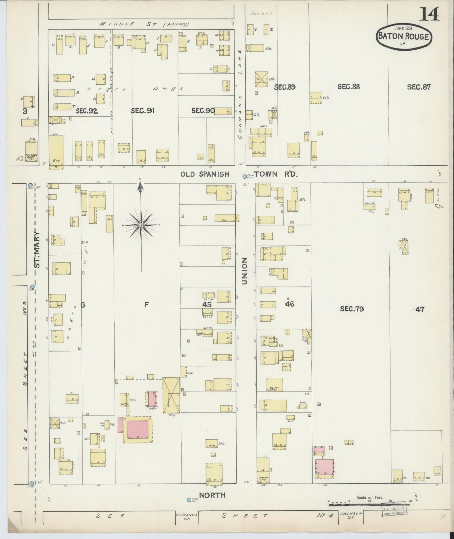 Sanborn Fire Insurance Map from Baton Rouge, East Baton Rouge Parish, Louisiana (1891), Sheet #0014 - Historic Sanborn Fire Insurance Map Print, vintage old map wall art, antique decor, genealogy gift, Louisiana Louisiana map