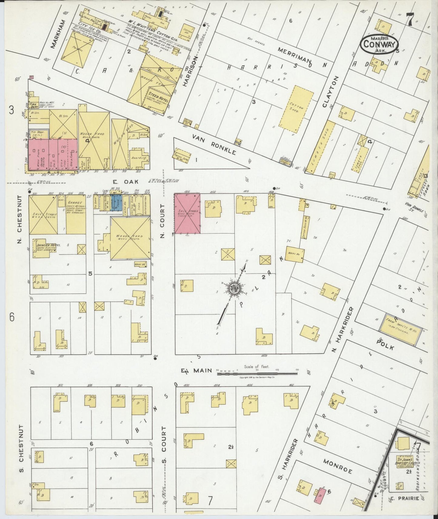 Sanborn Fire Insurance Map from Conway, Faulkner County, Arkansas (1919), Sheet #0007 - Historic Sanborn Fire Insurance Map Print, vintage old map wall art, antique decor, genealogy gift, Arkansas Arkansas map