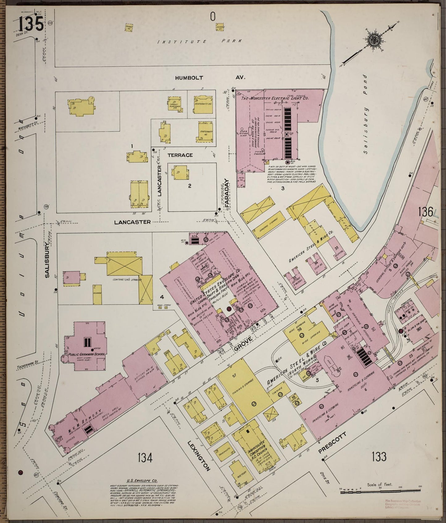 Sanborn Fire Insurance Map from Worcester, Worcester County, Massachusetts (1910), Sheet #0135 - Historic Sanborn Fire Insurance Map Print, vintage old map wall art, antique decor, genealogy gift, Massachusetts Massachusetts map
