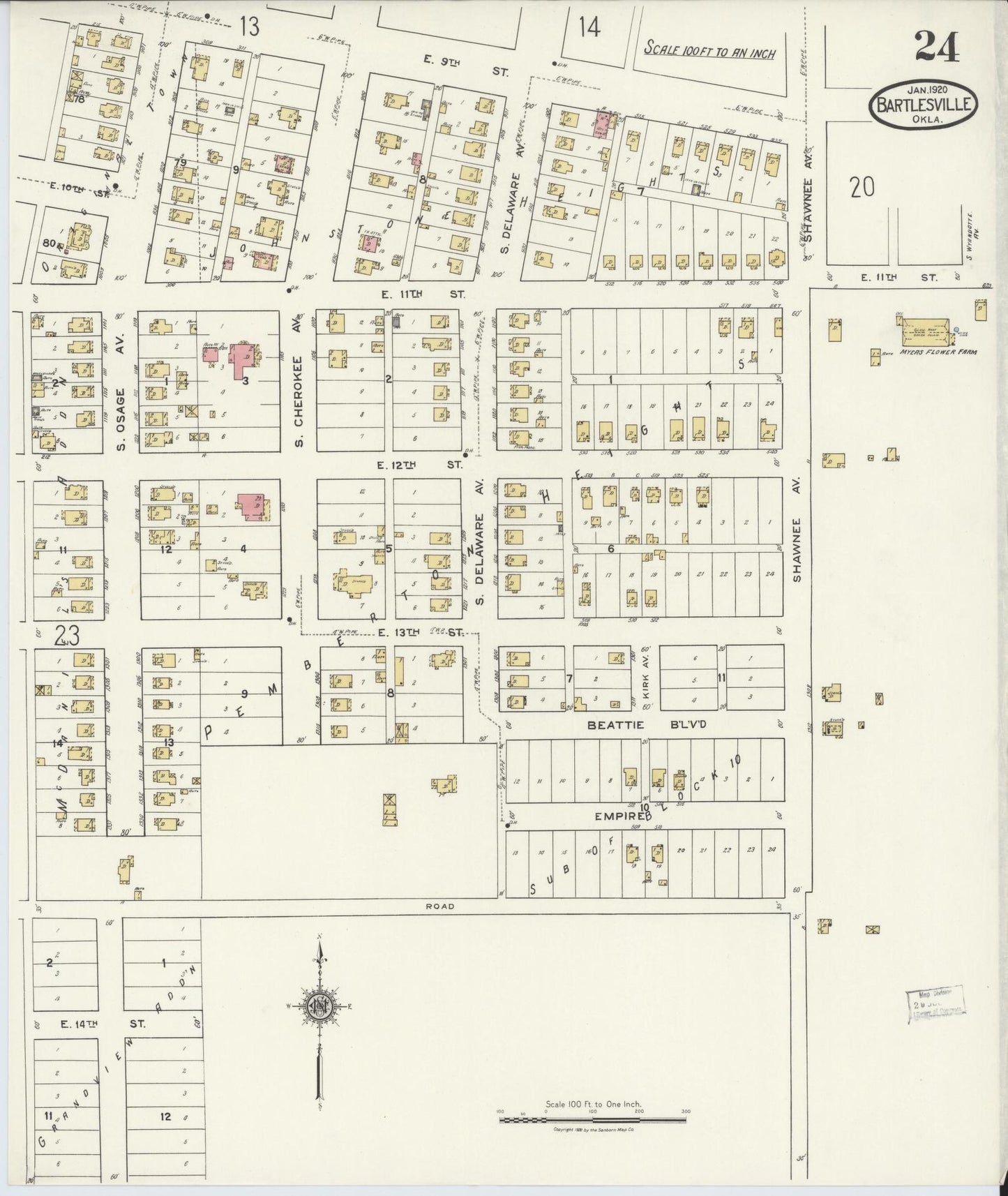 Sanborn Fire Insurance Map from Bartlesville, Washington County, Oklahoma (1920), Sheet #0024 - Historic Sanborn Fire Insurance Map Print, vintage old map wall art, antique decor, genealogy gift, Oklahoma Oklahoma map
