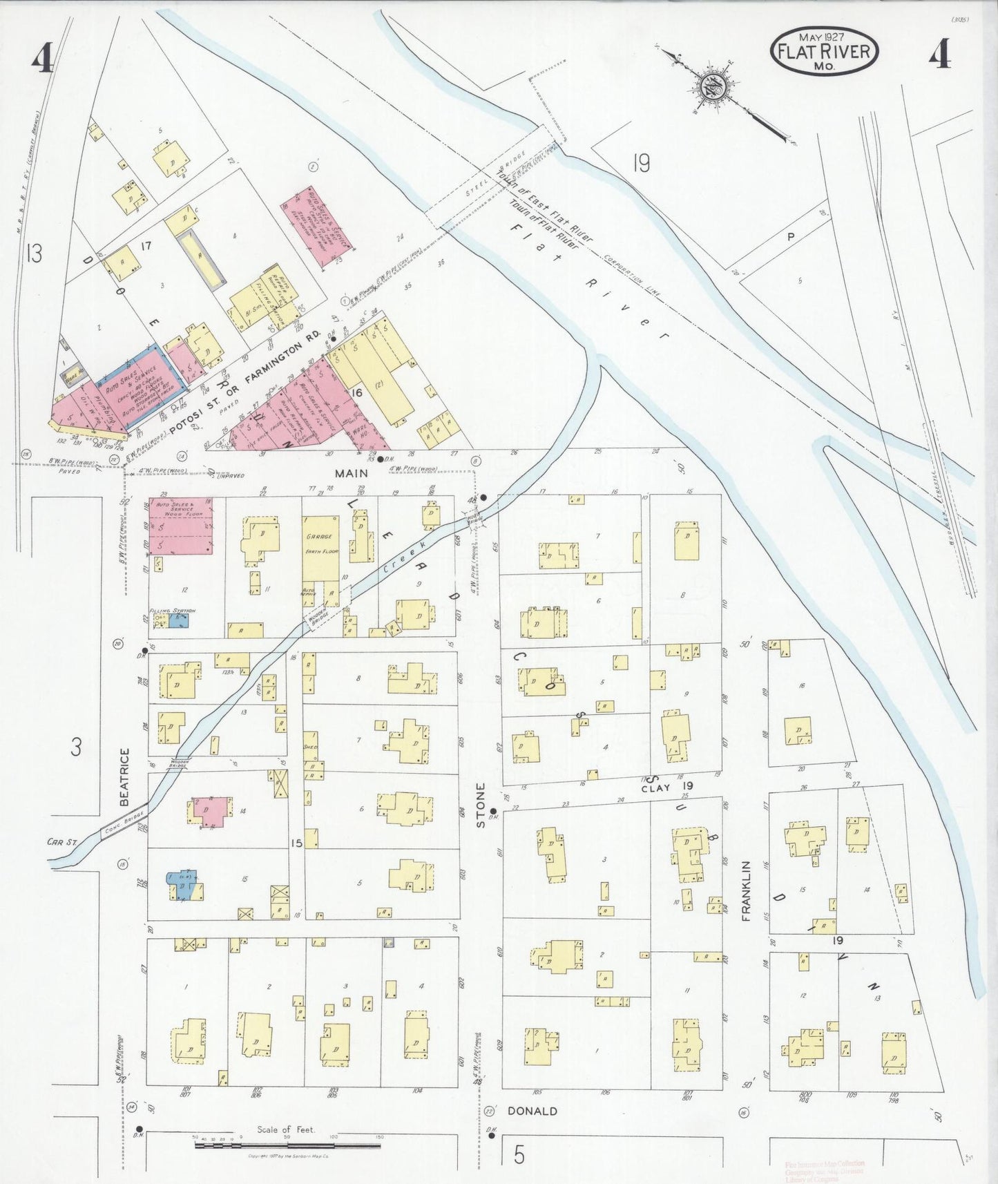 Sanborn Fire Insurance Map from Flat River, Saint Francois County, Missouri (1927), Sheet #0004 - Historic Sanborn Fire Insurance Map Print, vintage old map wall art, antique decor, genealogy gift, Missouri Missouri map