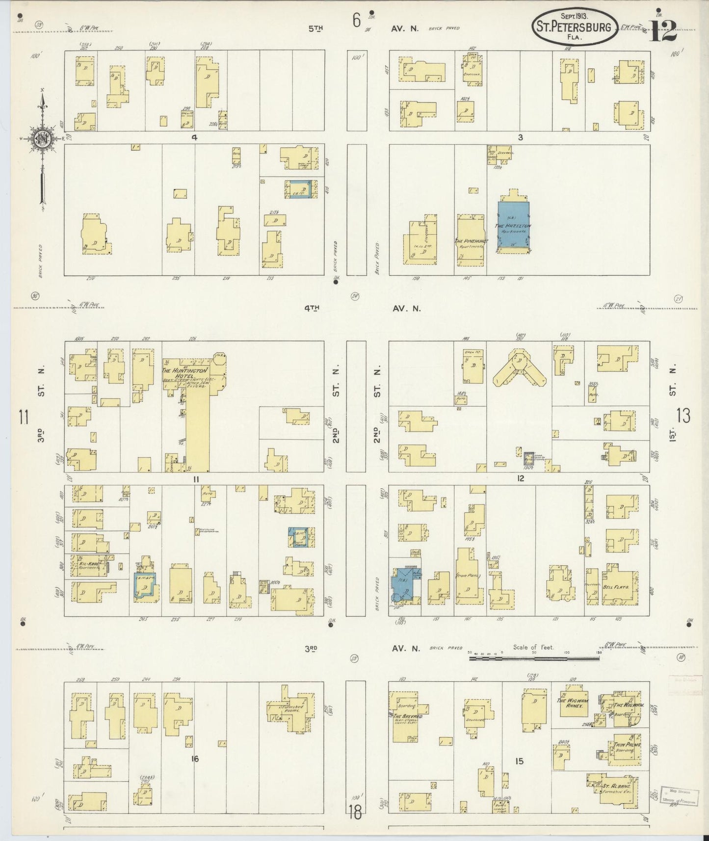 Sanborn Fire Insurance Map from Saint Petersburg, Pinellas County, Florida (1913), Sheet #0012 - Historic Sanborn Fire Insurance Map Print, vintage old map wall art, antique decor, genealogy gift, Florida Florida map