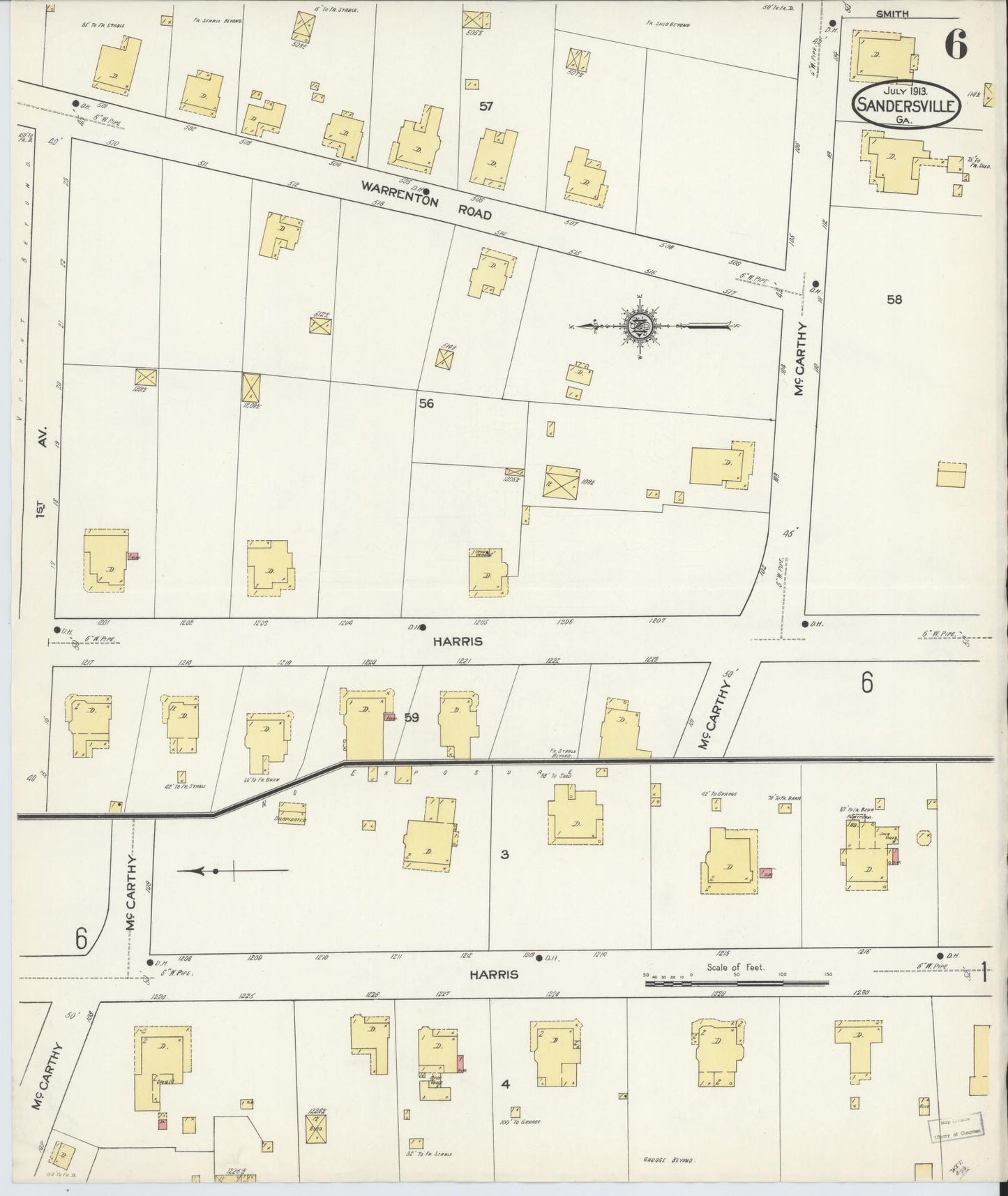 Sanborn Fire Insurance Map from Sandersville, Washington County, Georgia (1913), Sheet #0006 - Historic Sanborn Fire Insurance Map Print, vintage old map wall art, antique decor, genealogy gift, Georgia Georgia map