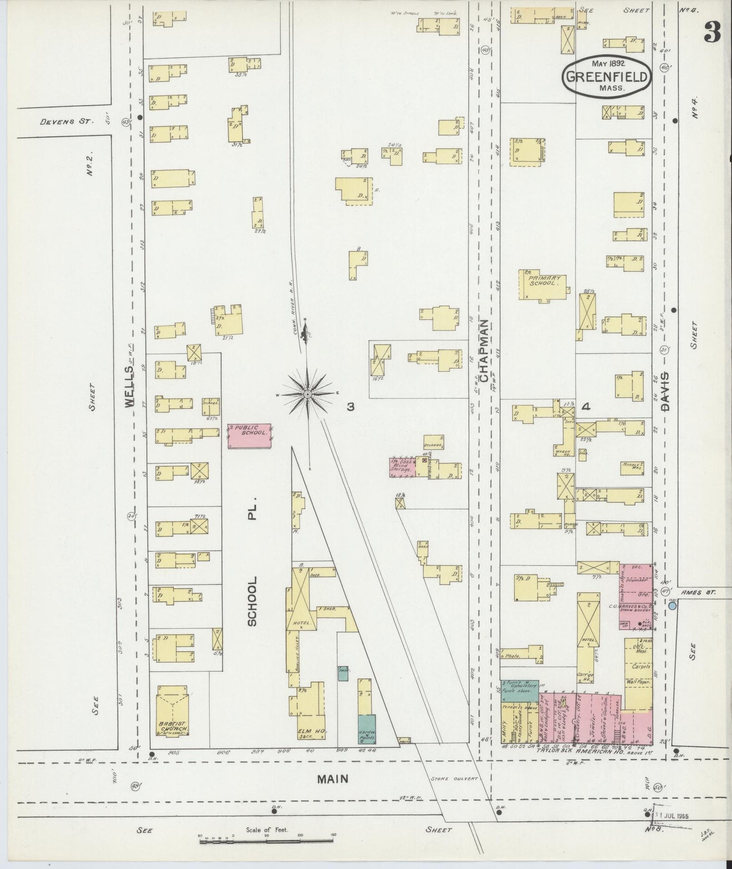 Sanborn Fire Insurance Map from Greenfield, Franklin County, Massachusetts (1892), Sheet #0003 - Historic Sanborn Fire Insurance Map Print, vintage old map wall art, antique decor, genealogy gift, Massachusetts Massachusetts map