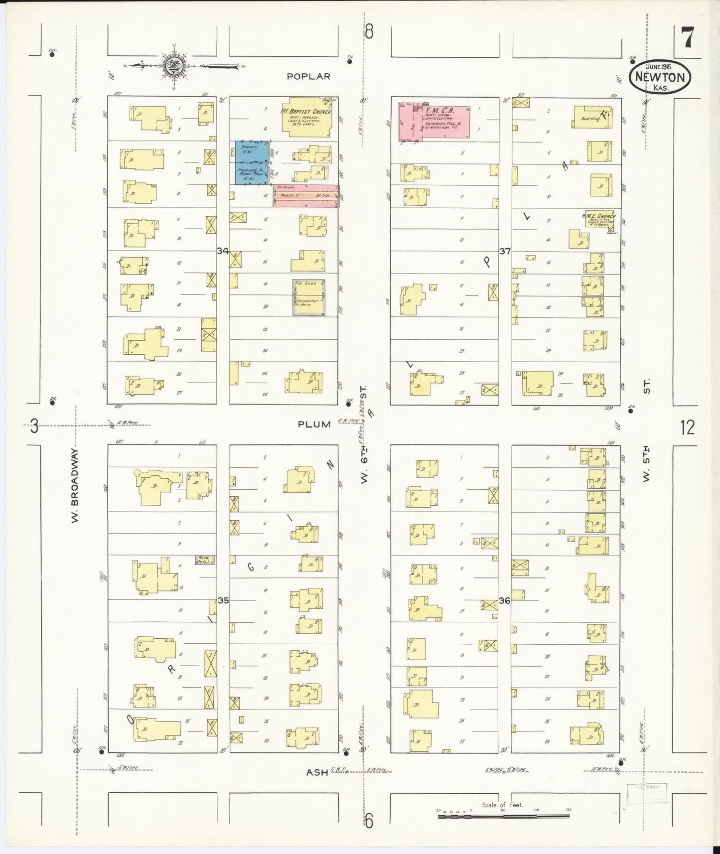 Sanborn Fire Insurance Map from Newton, Harvey County, Kansas (1915), Sheet #0007 - Historic Sanborn Fire Insurance Map Print, vintage old map wall art, antique decor, genealogy gift, Kansas Kansas map