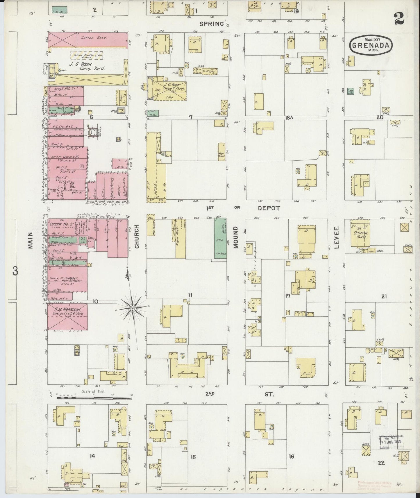 Sanborn Fire Insurance Map from Grenada, Grenada County, Mississippi (1897), Sheet #0002 - Historic Sanborn Fire Insurance Map Print, vintage old map wall art, antique decor, genealogy gift, Mississippi Mississippi map