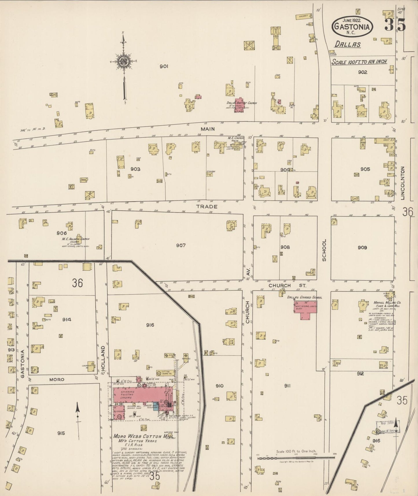Sanborn Fire Insurance Map from Gastonia, Gaston County, North Carolina (1922), Sheet #0035 - Historic Sanborn Fire Insurance Map Print, vintage old map wall art, antique decor, genealogy gift, North Carolina North Carolina map
