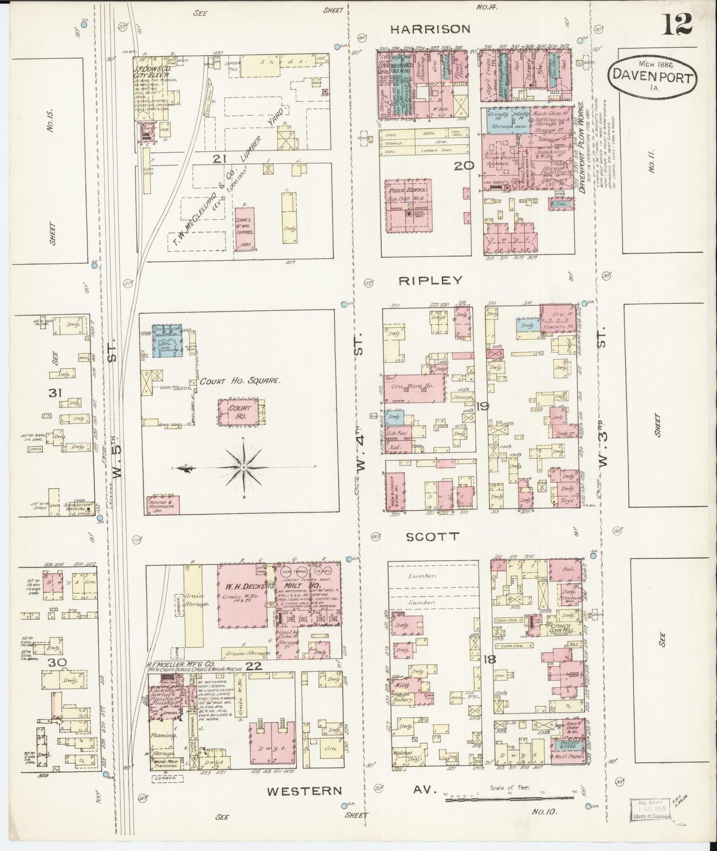 Sanborn Fire Insurance Map from Davenport, Scott County, Iowa (1886), Sheet #0012 - Historic Sanborn Fire Insurance Map Print, vintage old map wall art