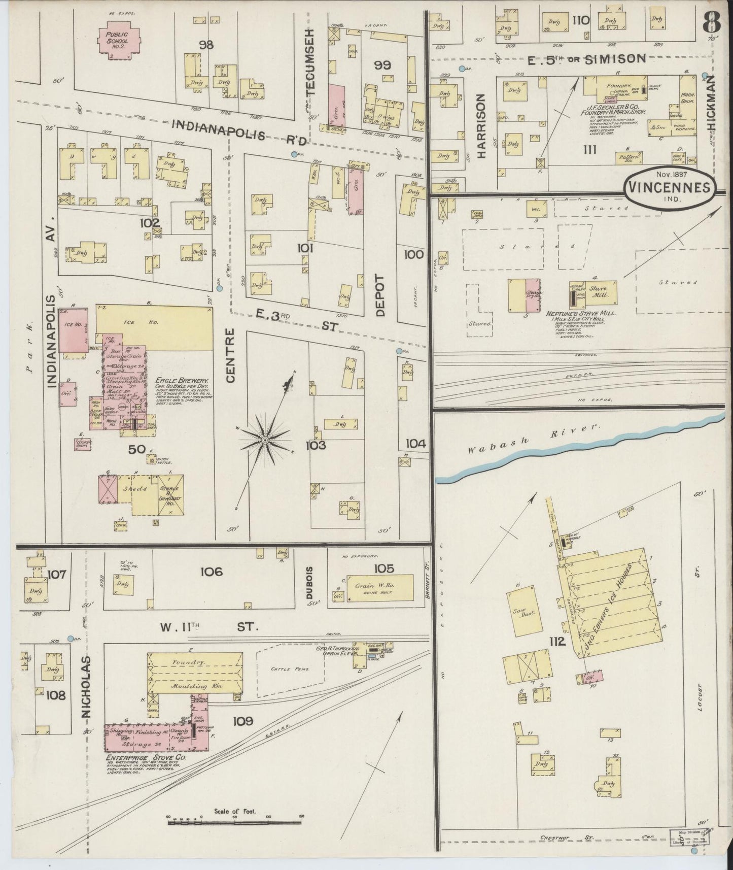Sanborn Fire Insurance Map from Vincennes, Knox County, Indiana (1887), Sheet #0008 - Complete Map Set gallery image, historic Sanborn map, vintage wall art, Indiana Indiana