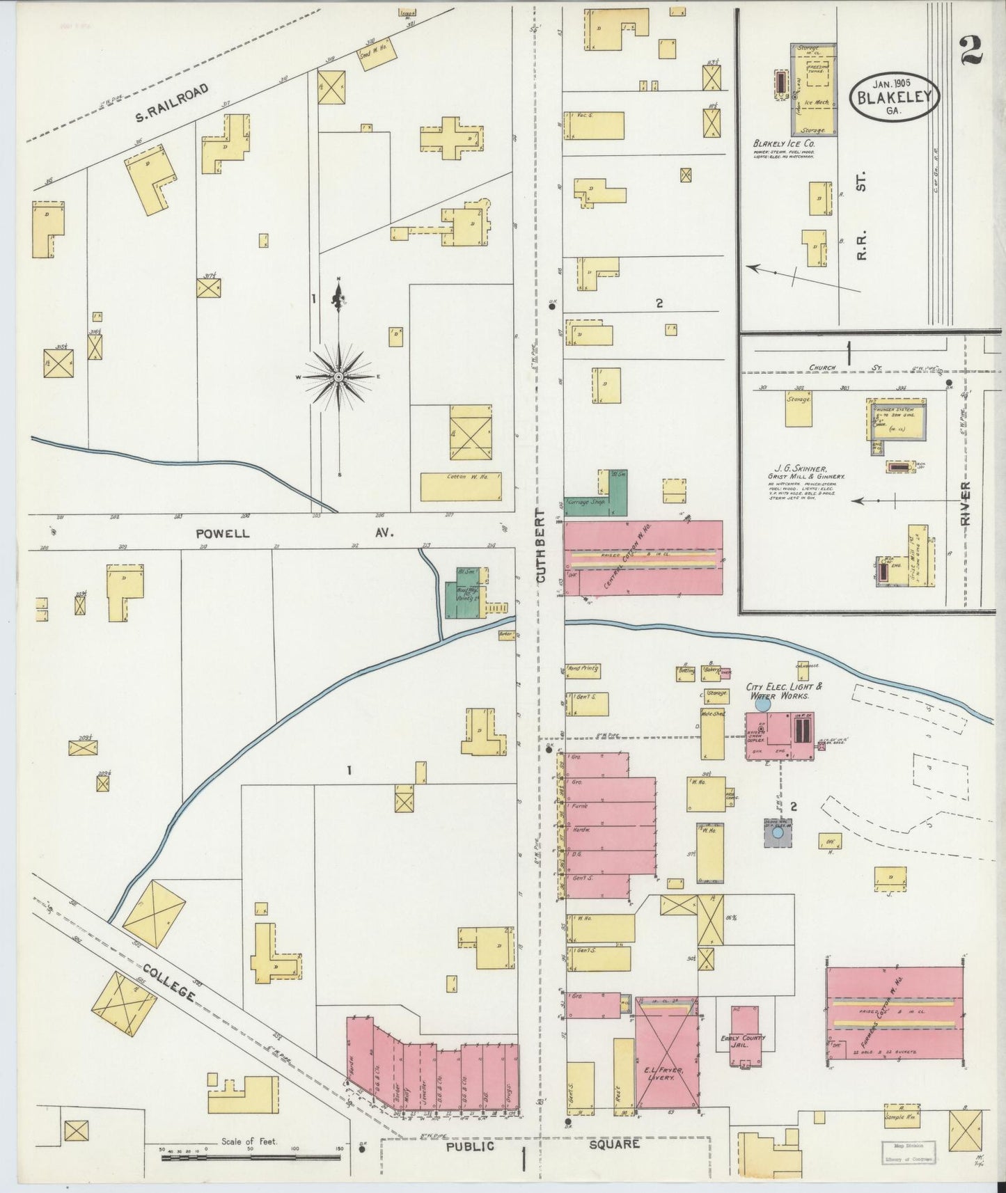 Sanborn Fire Insurance Map from Blakely, Early County, Georgia (1906), Sheet #0002 - Historic Sanborn Fire Insurance Map Print, vintage old map wall art, antique decor, genealogy gift, Georgia Georgia map