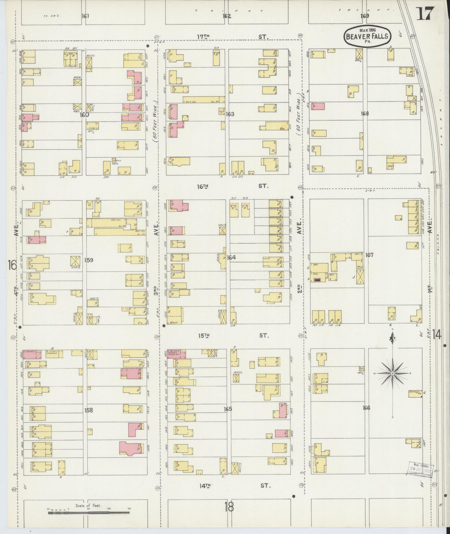 Sanborn Fire Insurance Map from Beaver Falls, Beaver County, Pennsylvania (1896), Sheet #0017 - Historic Sanborn Fire Insurance Map Print, vintage old map wall art, antique decor, genealogy gift, Pennsylvania Pennsylvania map