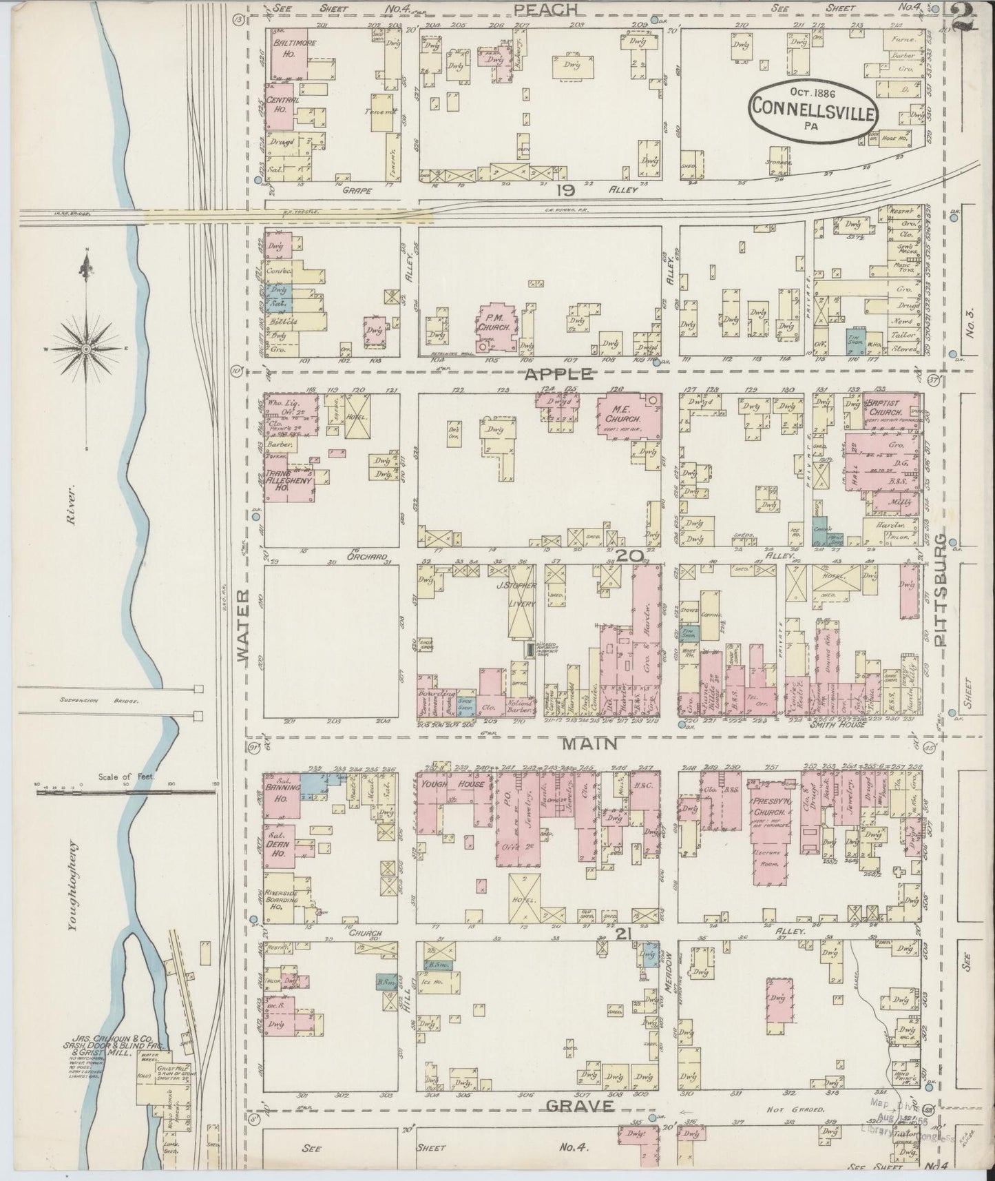 Sanborn Fire Insurance Map from Connellsville, Fayette County, Pennsylvania (1886), Sheet #0002 - Historic Sanborn Fire Insurance Map Print, vintage old map wall art, antique decor, genealogy gift, Pennsylvania Pennsylvania map