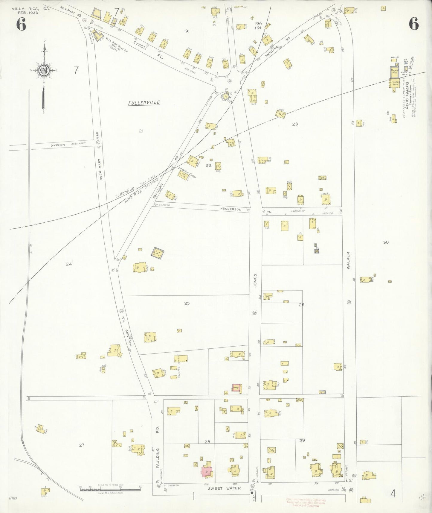 Sanborn Fire Insurance Map from Villa Rica, Carroll County, Georgia (1933), Sheet #0006 - Historic Sanborn Fire Insurance Map Print, vintage old map wall art, antique decor, genealogy gift, Georgia Georgia map