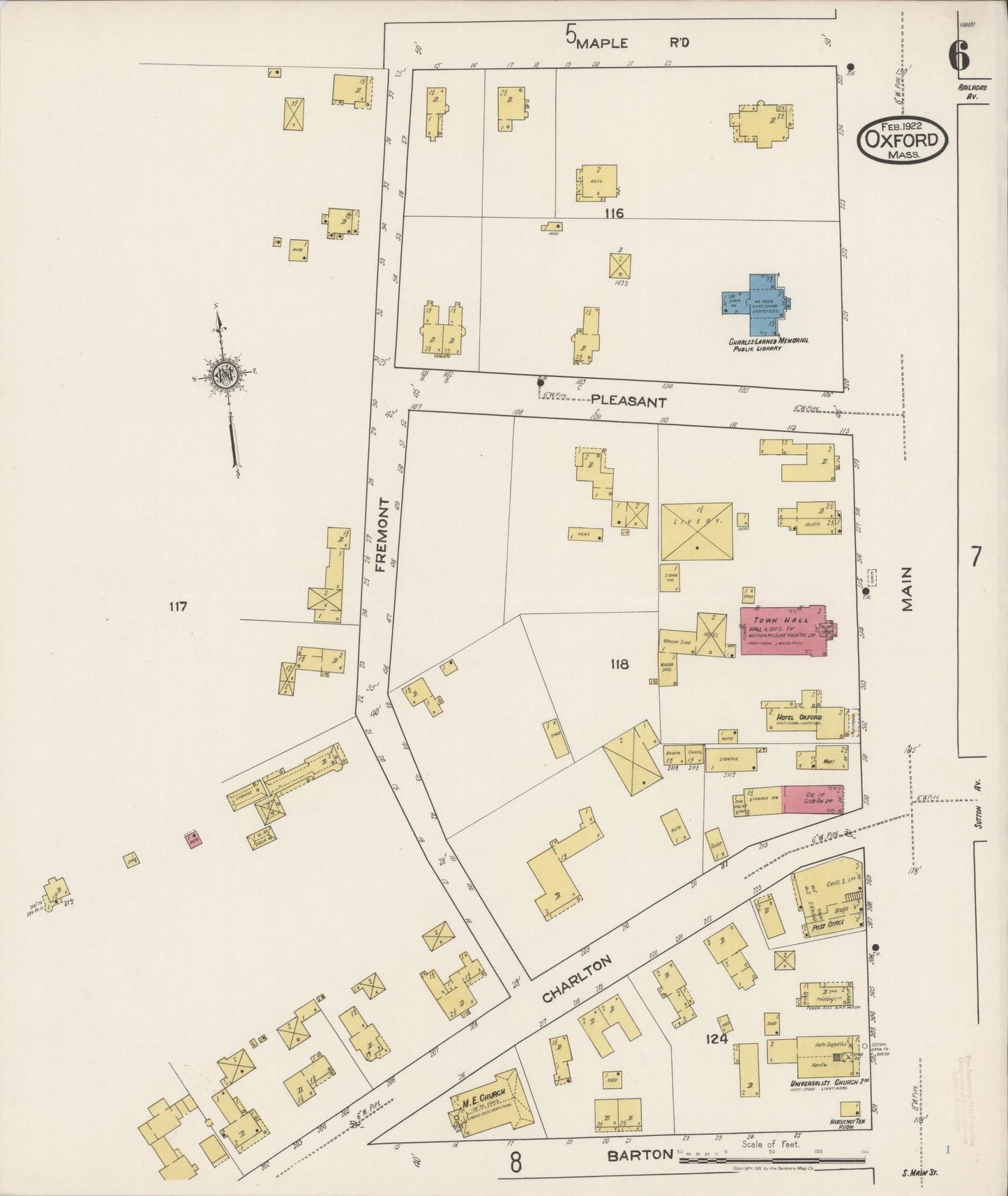 Sanborn Fire Insurance Map from Oxford, Worcester County, Massachusetts (1922), Sheet #0006 - Historic Sanborn Fire Insurance Map Print, vintage old map wall art, antique decor, genealogy gift, Massachusetts Massachusetts map