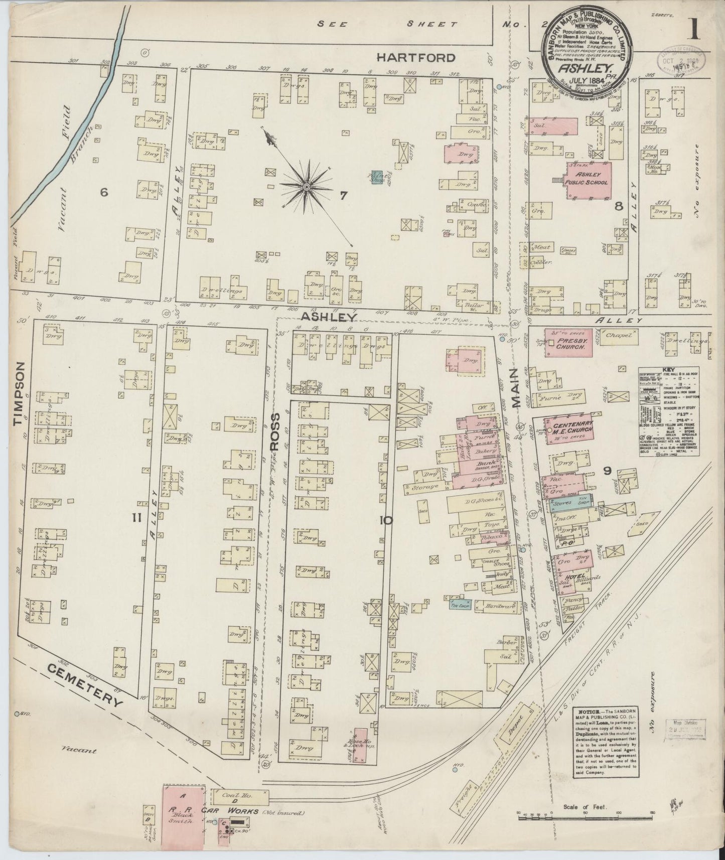 Sanborn Fire Insurance Map from Ashley, Luzerne County, Pennsylvania (1884), Sheet #0001 - Historic Sanborn Fire Insurance Map Print, vintage old map wall art, antique decor, genealogy gift, Pennsylvania Pennsylvania map