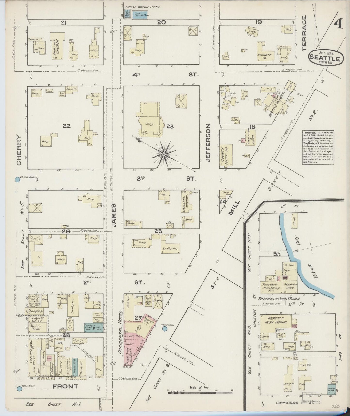 Sanborn Fire Insurance Map from Seattle, King County, Washington (1884), Sheet #0004 - Historic Sanborn Fire Insurance Map Print, vintage old map wall art, antique decor, genealogy gift, Washington Washington map