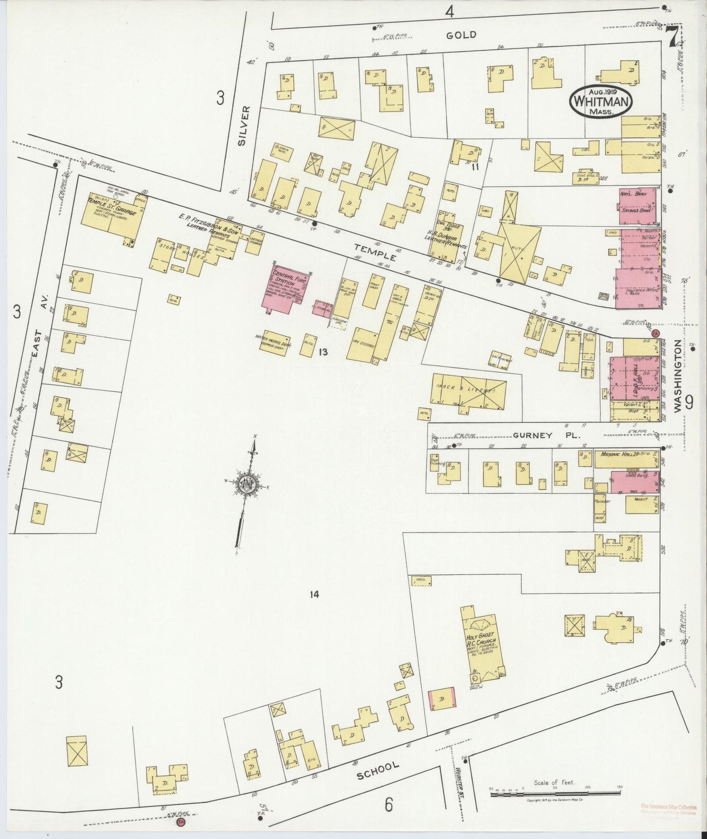 Sanborn Fire Insurance Map from Whitman, Plymouth County, Massachusetts (1919), Sheet #0007 - Historic Sanborn Fire Insurance Map Print, vintage old map wall art, antique decor, genealogy gift, Massachusetts Massachusetts map
