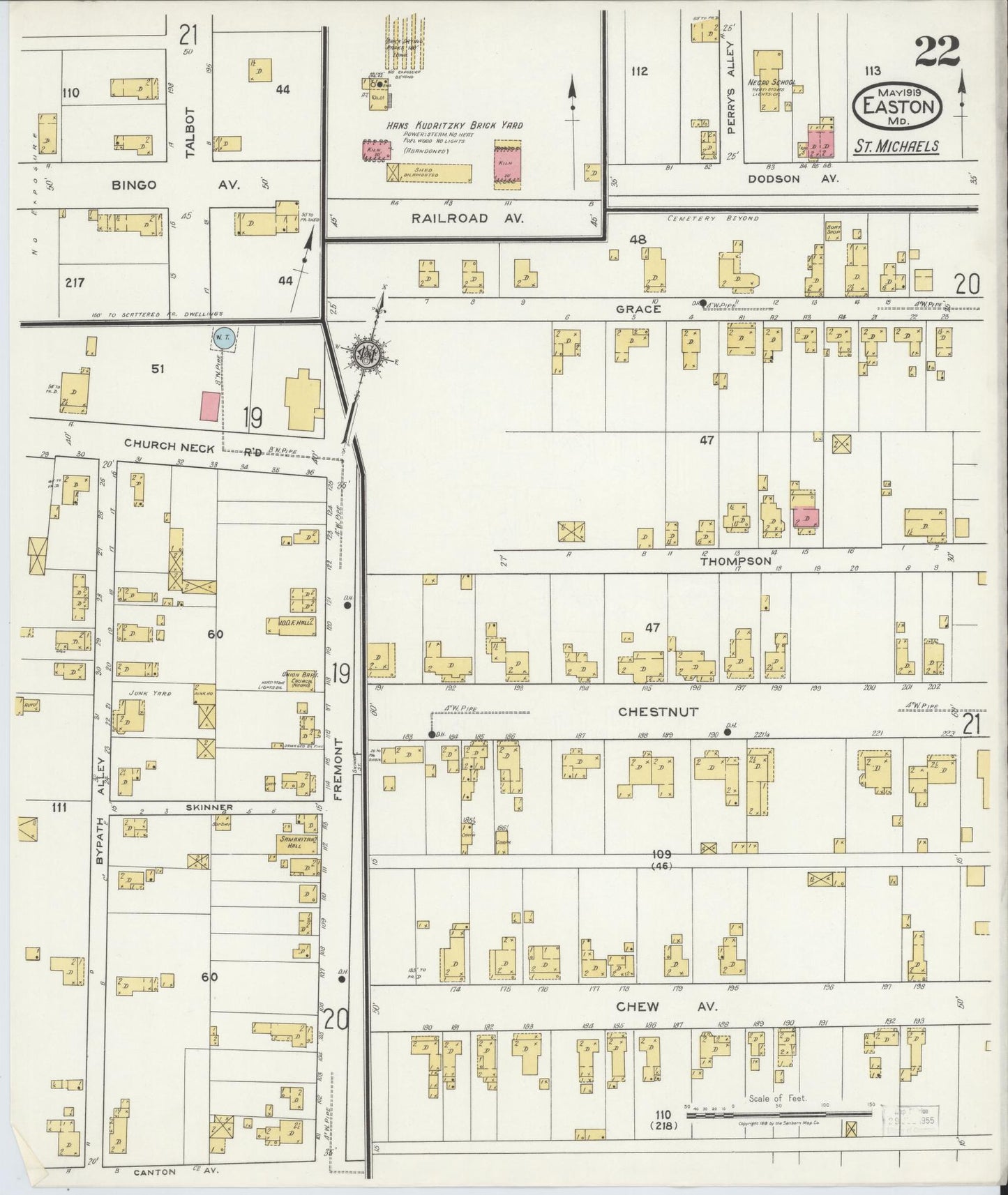 Talbot, Maryland - 1919 - Sanborn Fire Insurance Map, Sheet #0022 - Historic Sanborn Fire Insurance Map Print, Talbot Maryland 1919 0022 vintage old map wall art