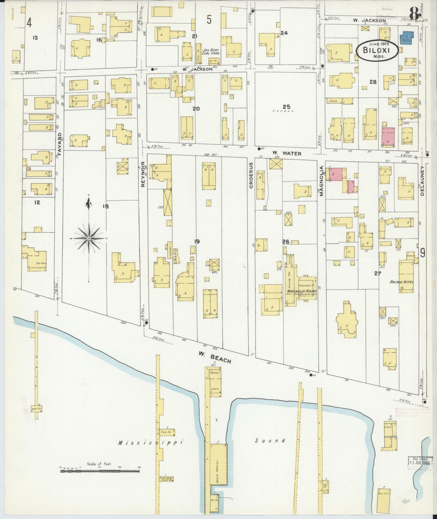 Sanborn Fire Insurance Map from Biloxi, Harrison County, Mississippi (1909), Sheet #0008 - Historic Sanborn Fire Insurance Map Print, vintage old map wall art, antique decor, genealogy gift, Mississippi Mississippi map