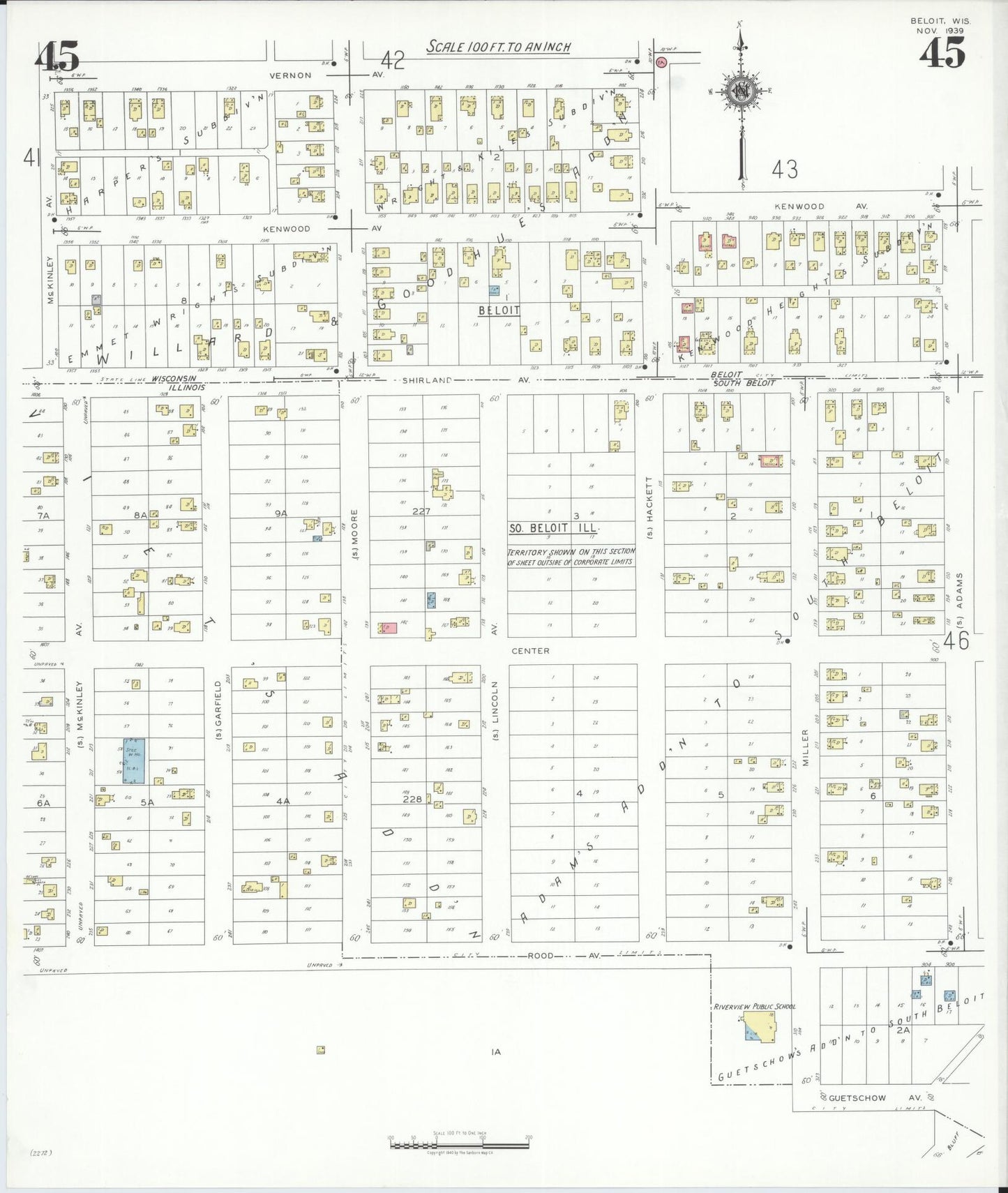 Sanborn Fire Insurance Map from Beloit, Rock County, Wisconsin (1939), Sheet #0045 - Historic Sanborn Fire Insurance Map Print, vintage old map wall art, antique decor, genealogy gift, Wisconsin Wisconsin map