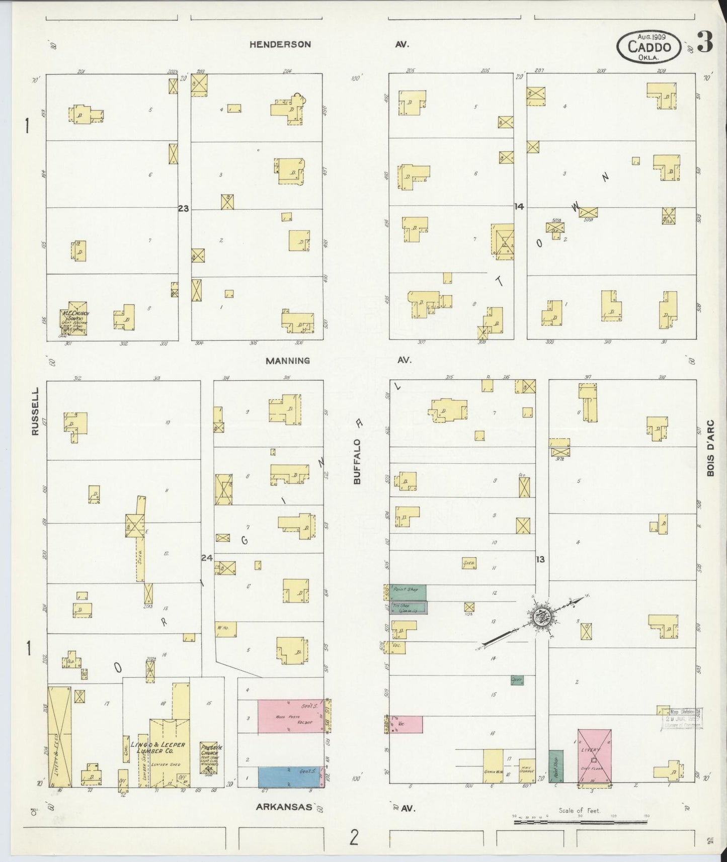 Sanborn Fire Insurance Map from Caddo, Bryan County, Oklahoma (1909), Sheet #0003 - Historic Sanborn Fire Insurance Map Print, vintage old map wall art, antique decor, genealogy gift, Oklahoma Oklahoma map