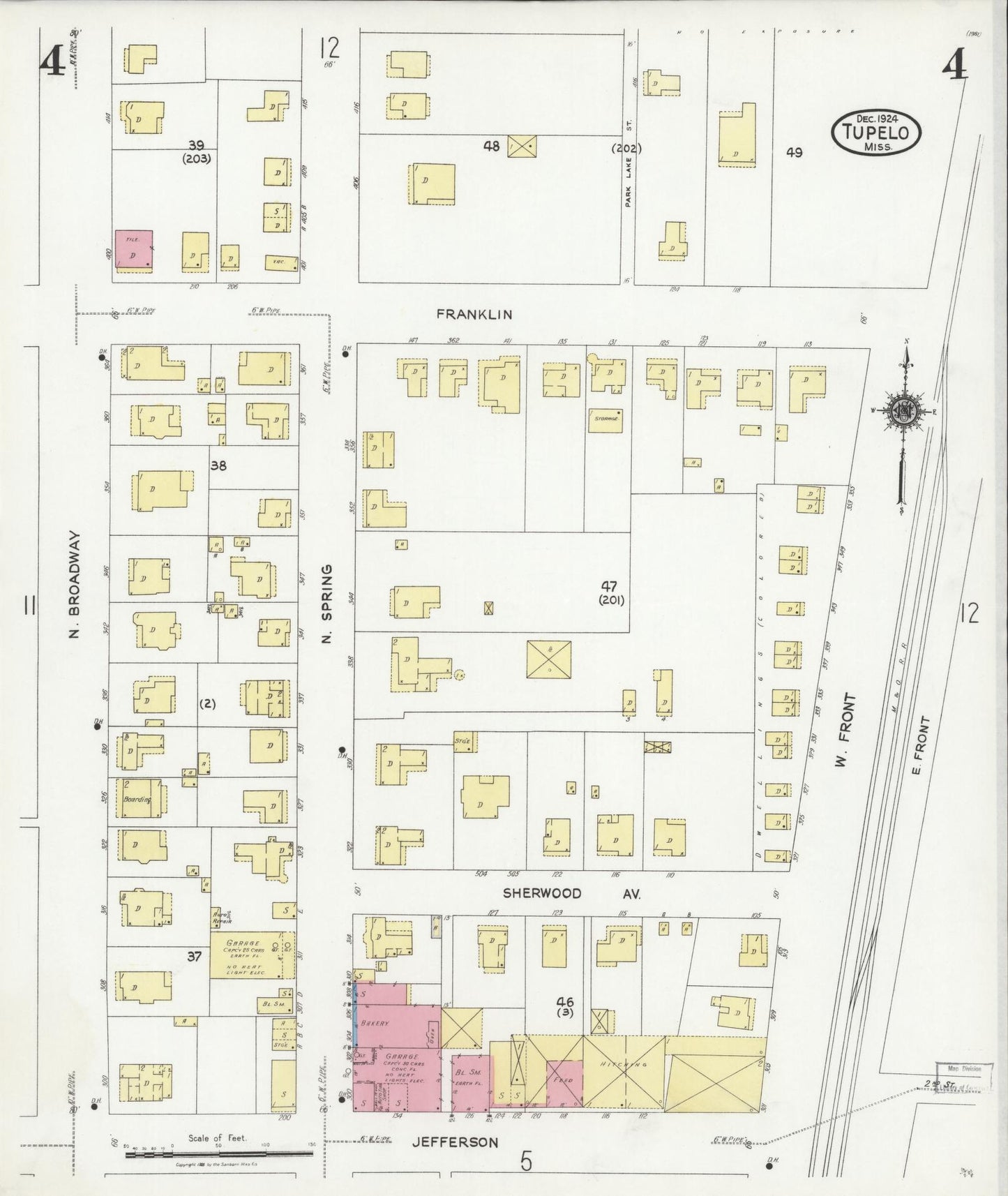 Sanborn Fire Insurance Map from Tupelo, Lee County, Mississippi (1924), Sheet #0004 - Historic Sanborn Fire Insurance Map Print, vintage old map wall art, antique decor, genealogy gift, Mississippi Mississippi map