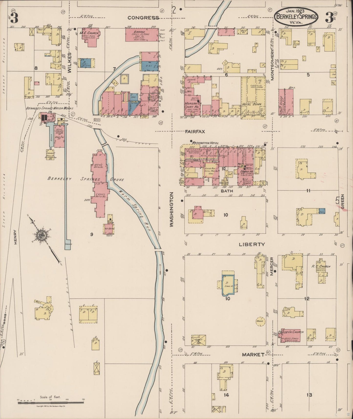 Sanborn Fire Insurance Map from Berkeley Springs, Morgan County, West Virginia (1923), Sheet #0003 - Historic Sanborn Fire Insurance Map Print, vintage old map wall art, antique decor, genealogy gift, West Virginia West Virginia map