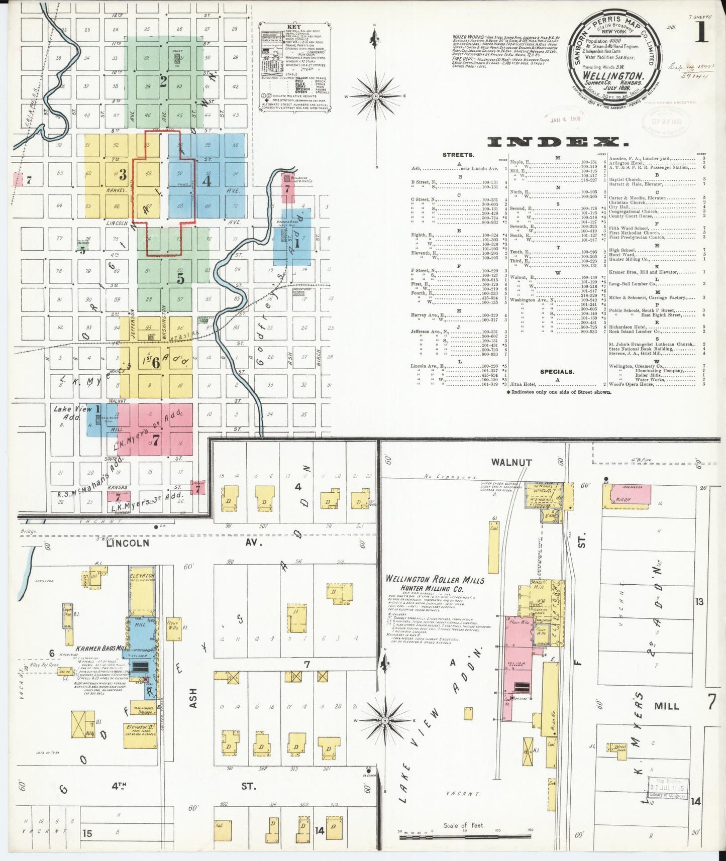 Sanborn Fire Insurance Map from Wellington, Sumner County, Kansas (1899), Sheet #0001 - Historic Sanborn Fire Insurance Map Print, vintage old map wall art, antique decor, genealogy gift, Kansas Kansas map