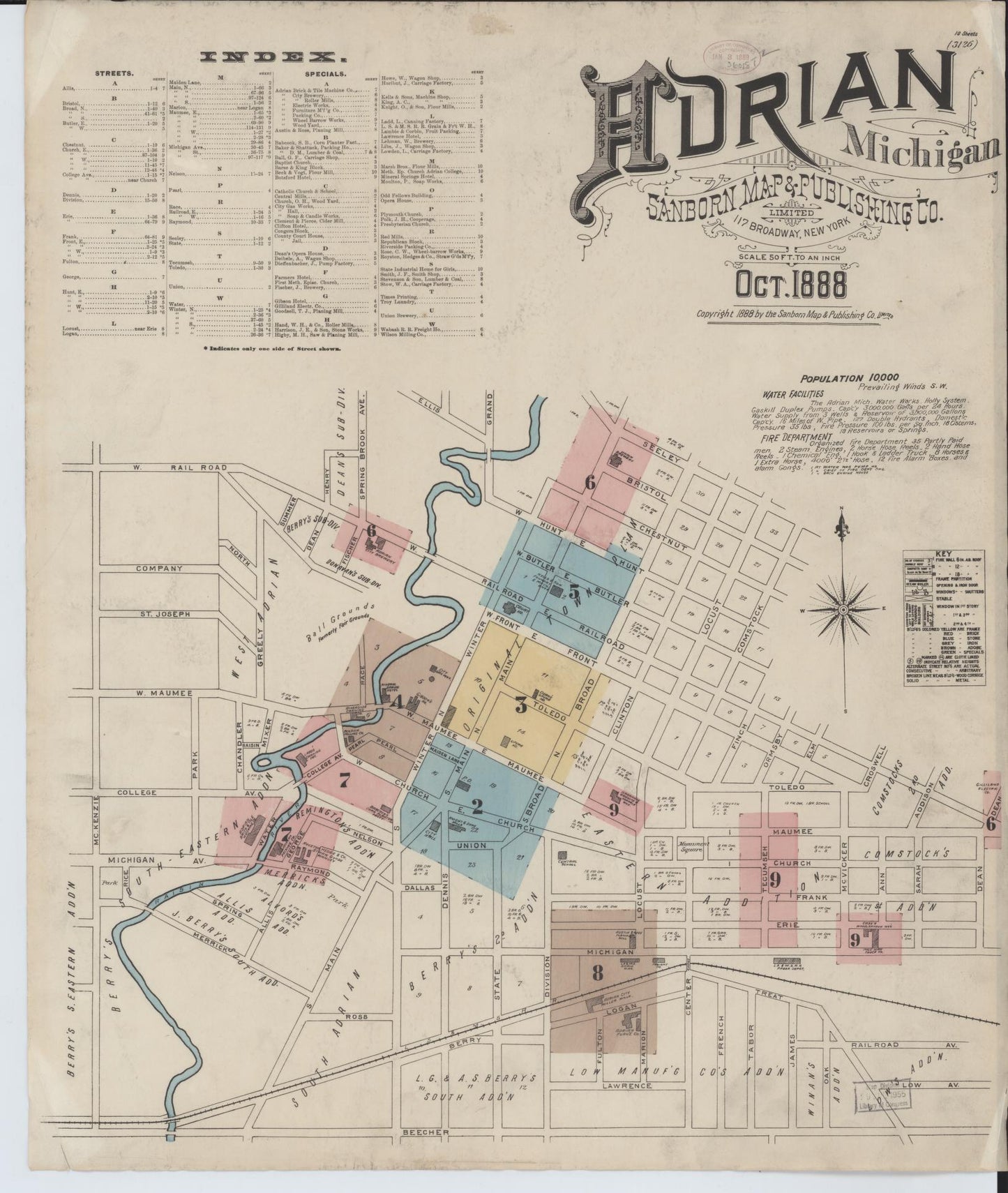 Sanborn Fire Insurance Map from Adrian, Lenawee County, Michigan (1888), Sheet #0001 - Historic Sanborn Fire Insurance Map Print, vintage old map wall art, antique decor, genealogy gift, Michigan Michigan map