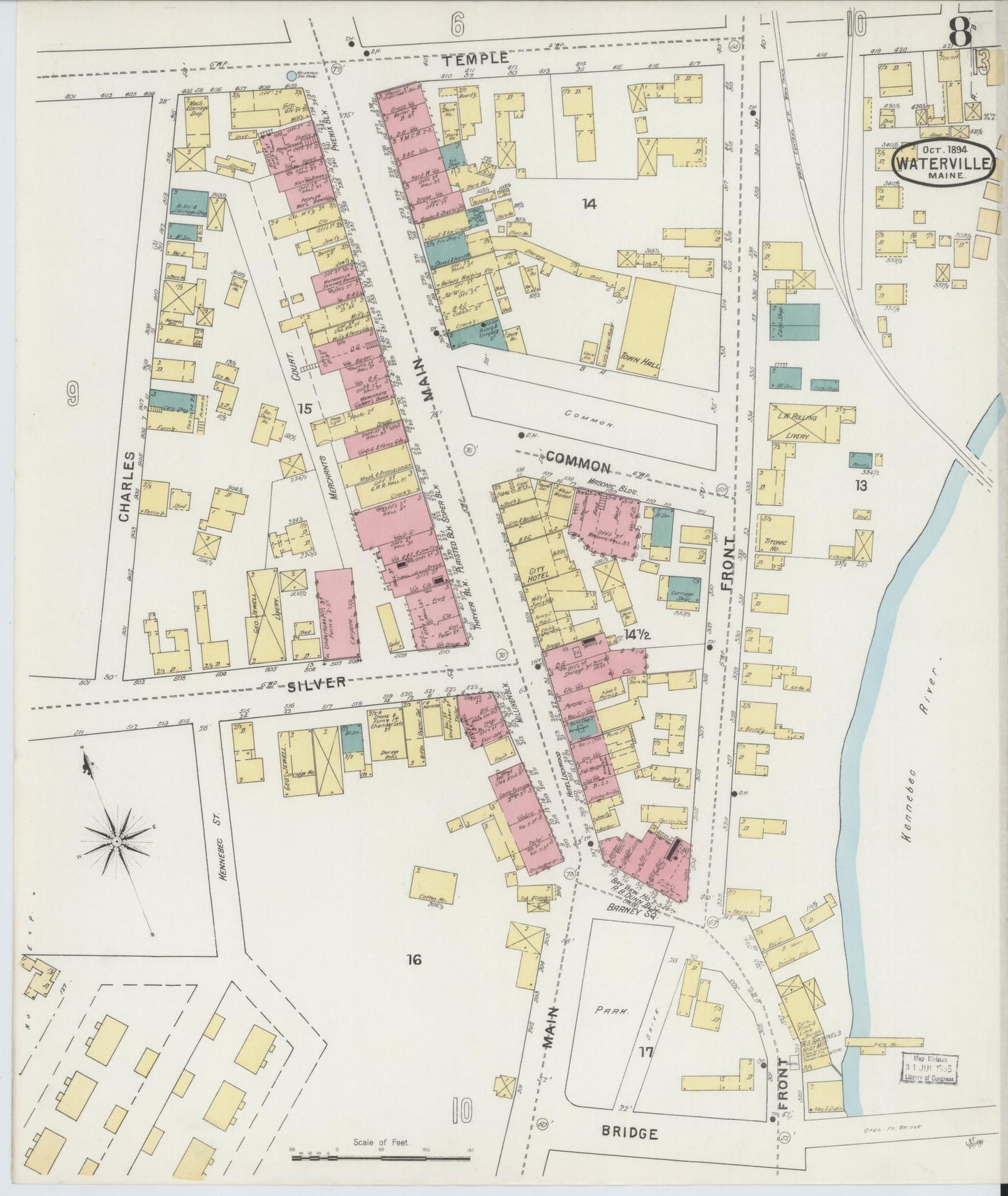 Sanborn Fire Insurance Map from Waterville, Kennebec County, Maine (1894), Sheet #0008 - Historic Sanborn Fire Insurance Map Print, vintage old map wall art, antique decor, genealogy gift, Maine Maine map