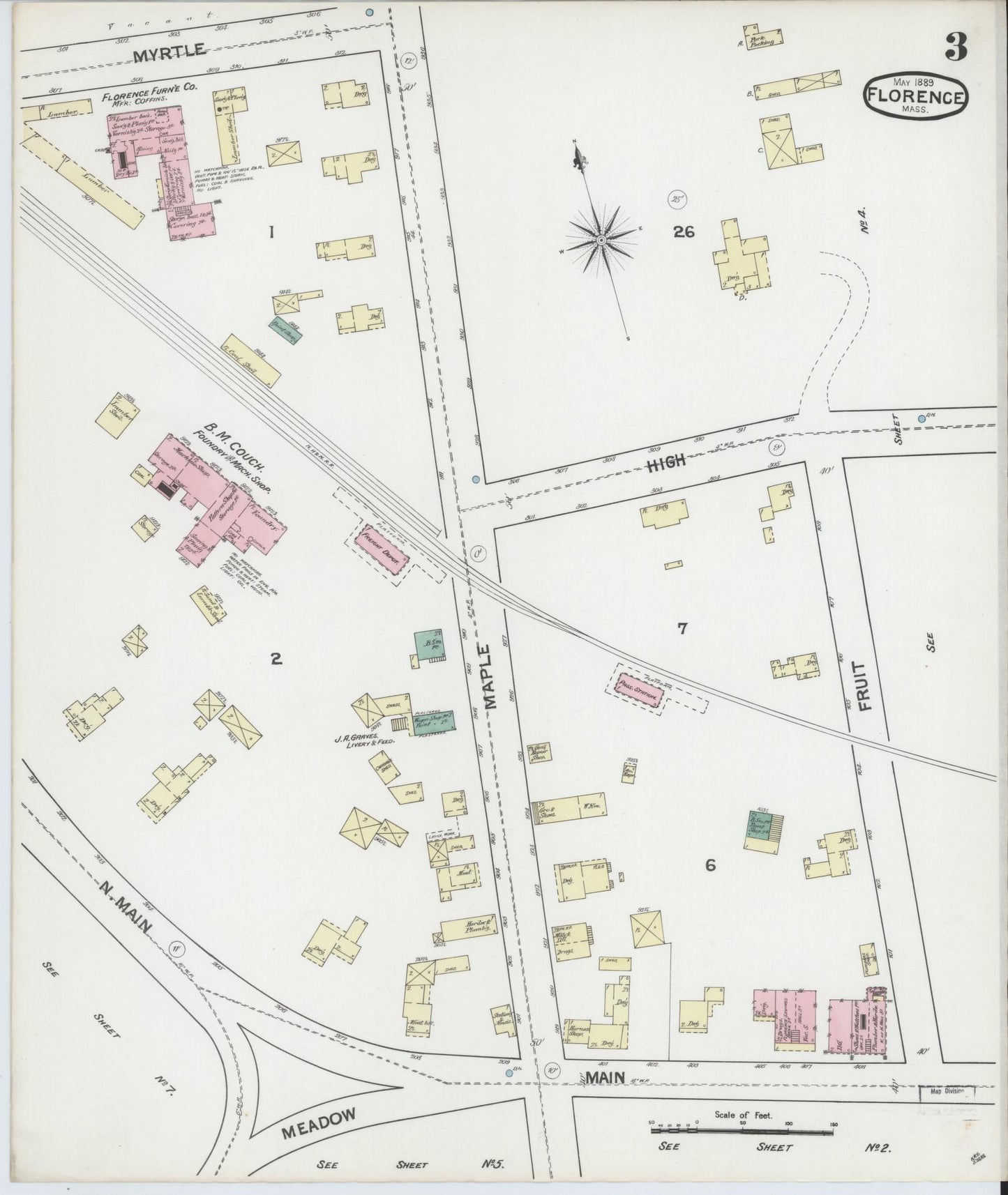 Sanborn Fire Insurance Map from Florence, Hampshire County, Massachusetts (1889), Sheet #0003 - Historic Sanborn Fire Insurance Map Print, vintage old map wall art, antique decor, genealogy gift, Massachusetts Massachusetts map