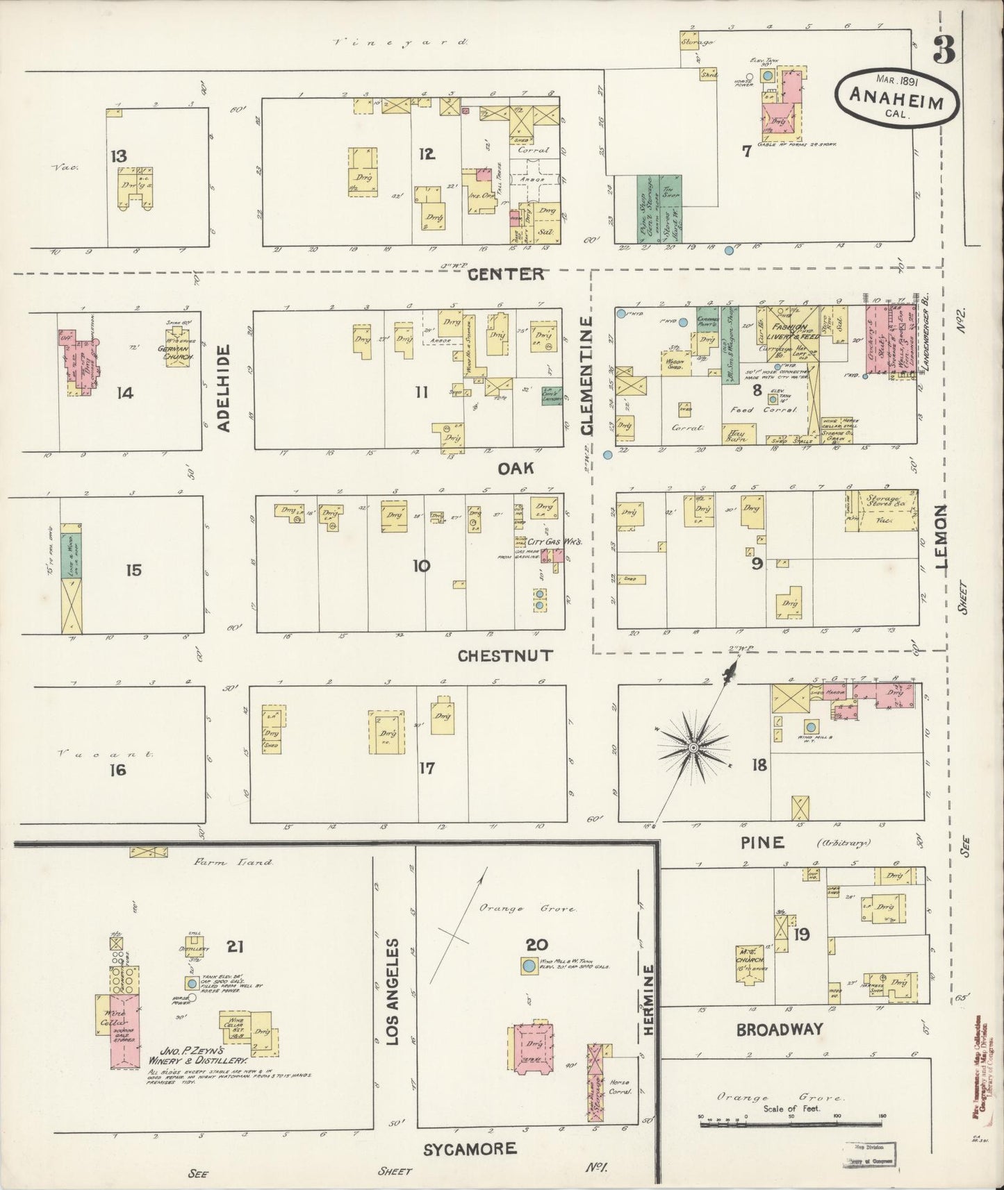 Sanborn Fire Insurance Map from Anaheim, Orange County, California (1891), Sheet #0003 - Historic Sanborn Fire Insurance Map Print, vintage old map wall art, antique decor, genealogy gift, California California map
