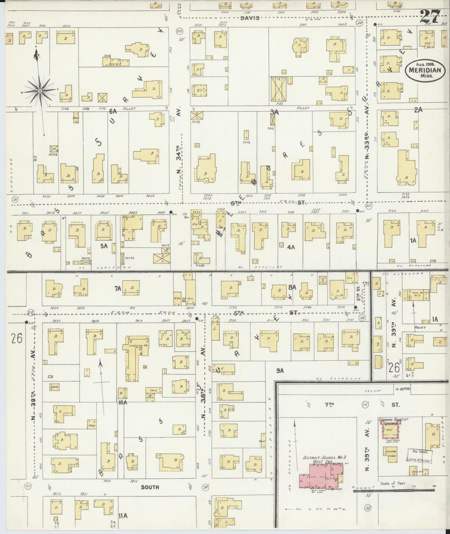 Sanborn Fire Insurance Map from Meridian, Lauderdale County, Mississippi (1906), Sheet #0027 - Historic Sanborn Fire Insurance Map Print, vintage old map wall art, antique decor, genealogy gift, Mississippi Mississippi map