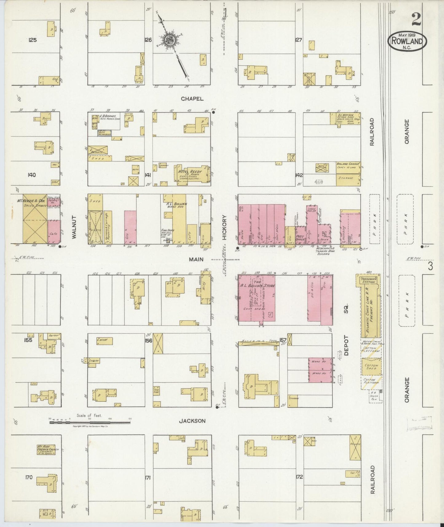 Sanborn Fire Insurance Map from Rowland, Robeson County, North Carolina (1919), Sheet #0002 - Historic Sanborn Fire Insurance Map Print, vintage old map wall art, antique decor, genealogy gift, North Carolina North Carolina map