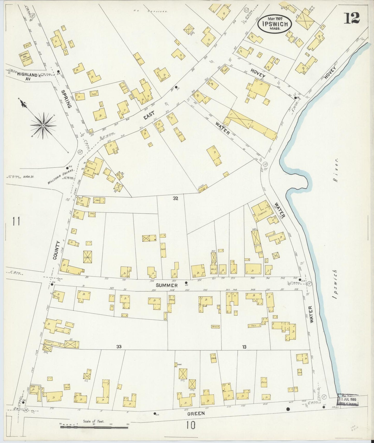Sanborn Fire Insurance Map from Ipswich, Essex County, Massachusetts (1907), Sheet #0012 - Historic Sanborn Fire Insurance Map Print, vintage old map wall art, antique decor, genealogy gift, Massachusetts Massachusetts map