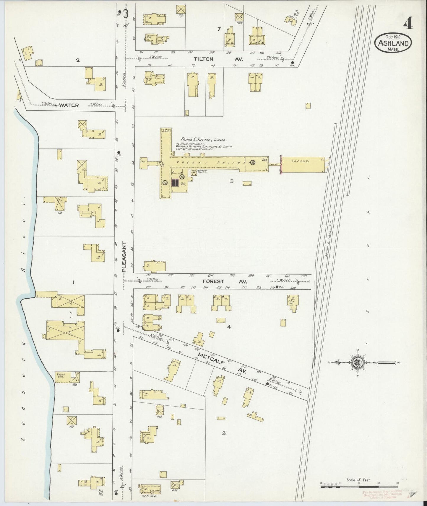 Sanborn Fire Insurance Map from Ashland, Middlesex County, Massachusetts (1912), Sheet #0004 - Historic Sanborn Fire Insurance Map Print, vintage old map wall art, antique decor, genealogy gift, Massachusetts Massachusetts map