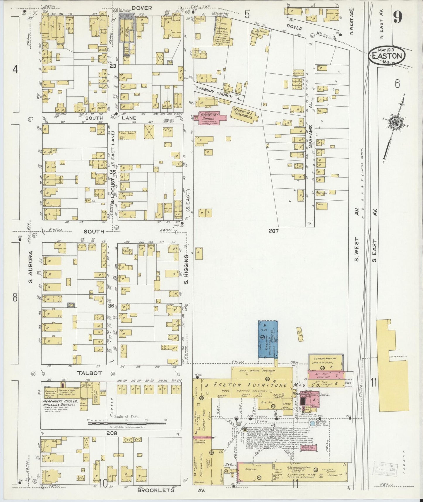 Talbot, Maryland - 1919 - Sanborn Fire Insurance Map, Sheet #0009 - Historic Sanborn Fire Insurance Map Print, Talbot Maryland 1919 0009 vintage old map wall art