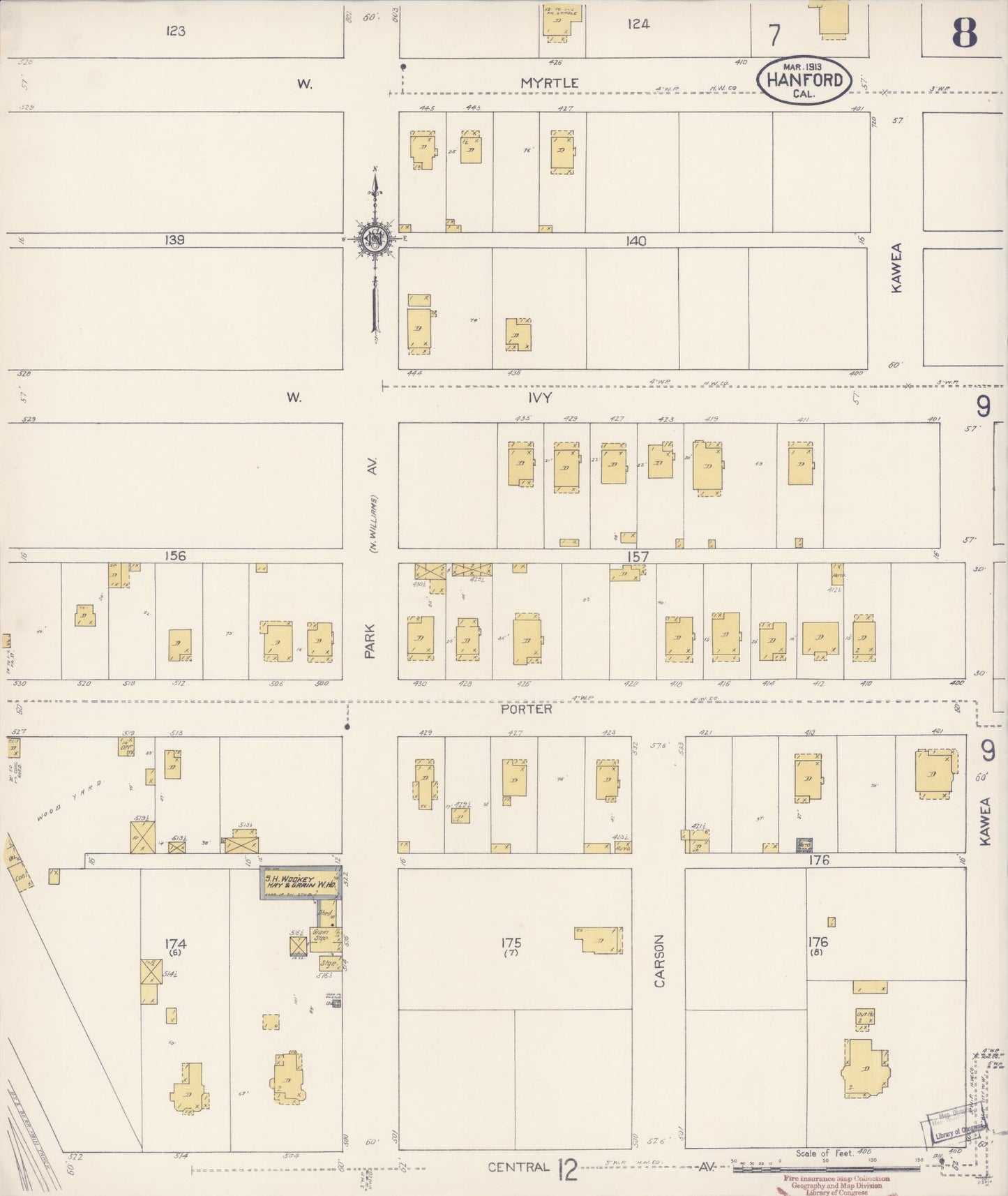 Sanborn Fire Insurance Map from Hanford, Kings County, California (1913), Sheet #0008 - Historic Sanborn Fire Insurance Map Print, vintage old map wall art, antique decor, genealogy gift, California California map