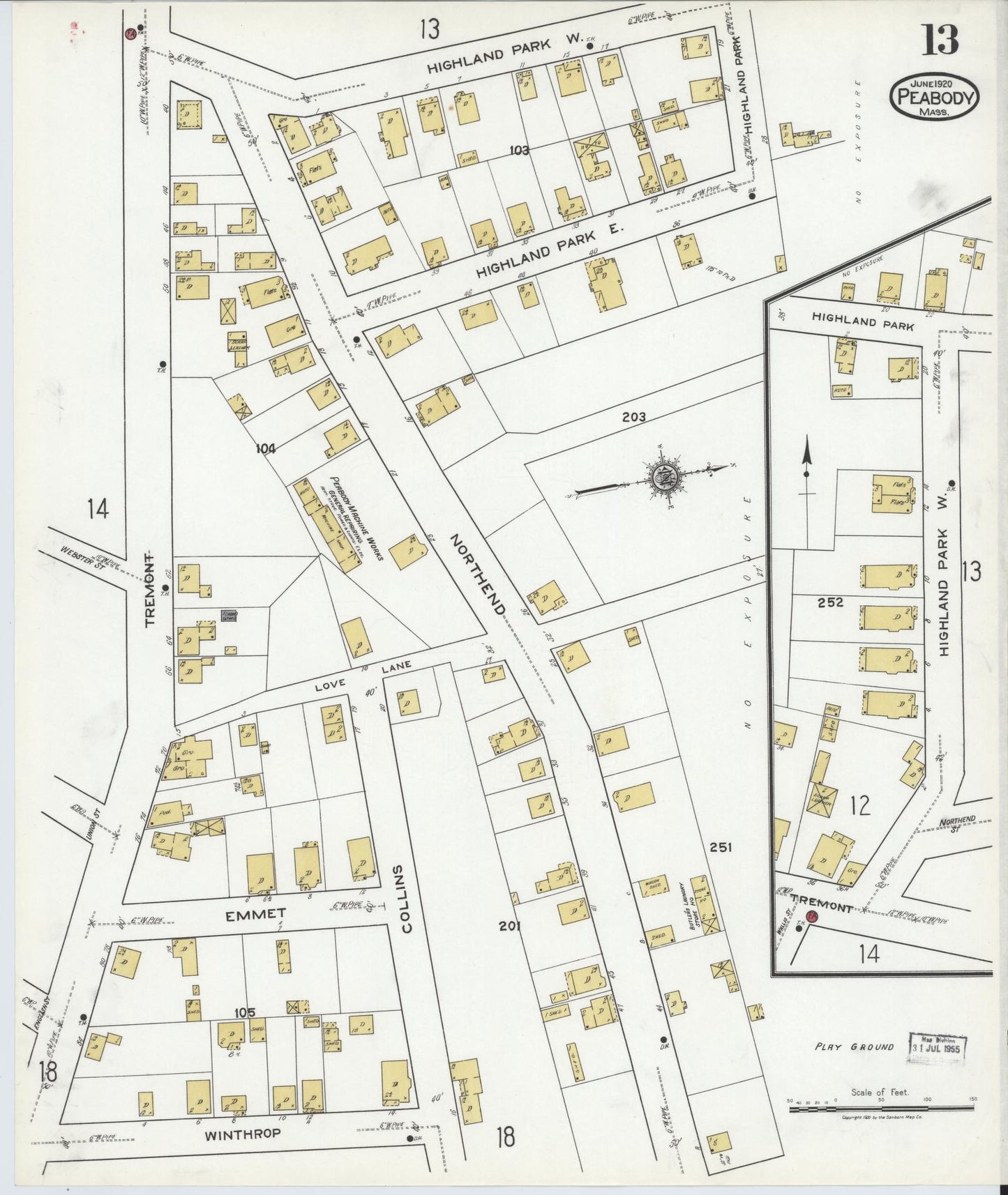 Sanborn Fire Insurance Map from Peabody, Essex County, Massachusetts (1920), Sheet #0013 - Historic Sanborn Fire Insurance Map Print, vintage old map wall art, antique decor, genealogy gift, Massachusetts Massachusetts map