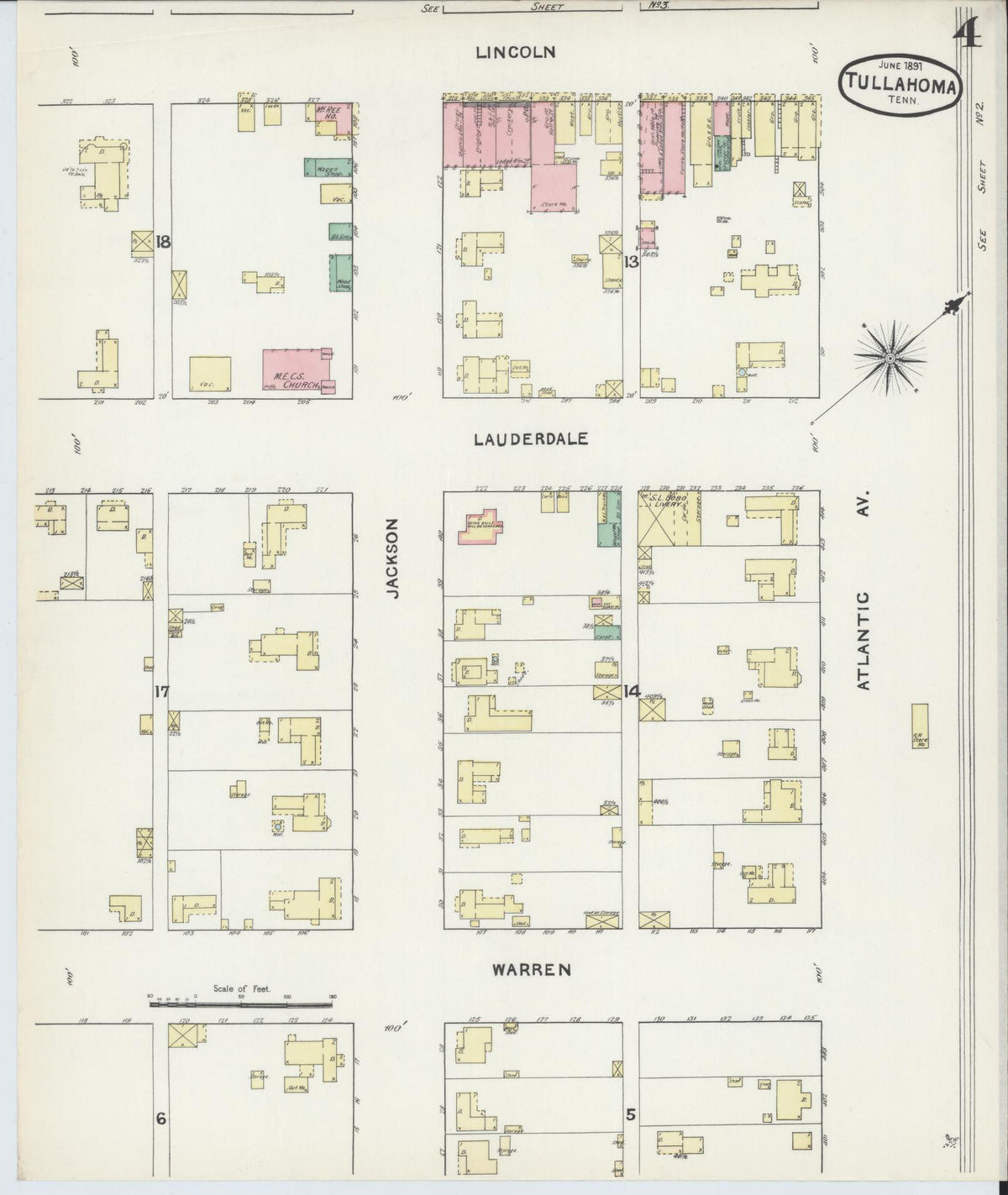 Sanborn Fire Insurance Map from Tullahoma, Coffee County, Tennessee (1891), Sheet #0004 - Complete Map Set gallery image, historic Sanborn map, vintage wall art, Tennessee Tennessee