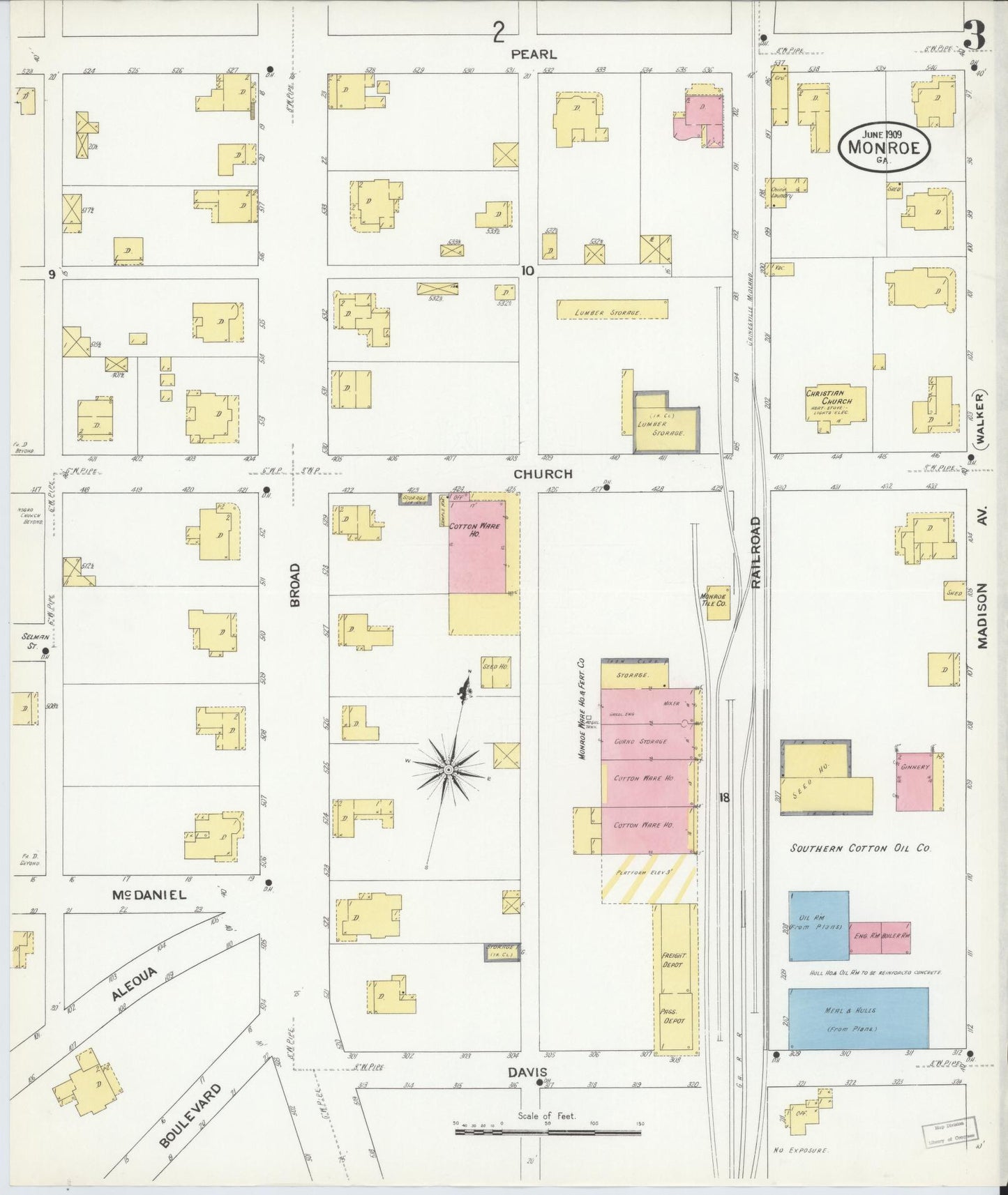 Sanborn Fire Insurance Map from Monroe, Walton County, Georgia (1909), Sheet #0003 - Historic Sanborn Fire Insurance Map Print, vintage old map wall art, antique decor, genealogy gift, Georgia Georgia map