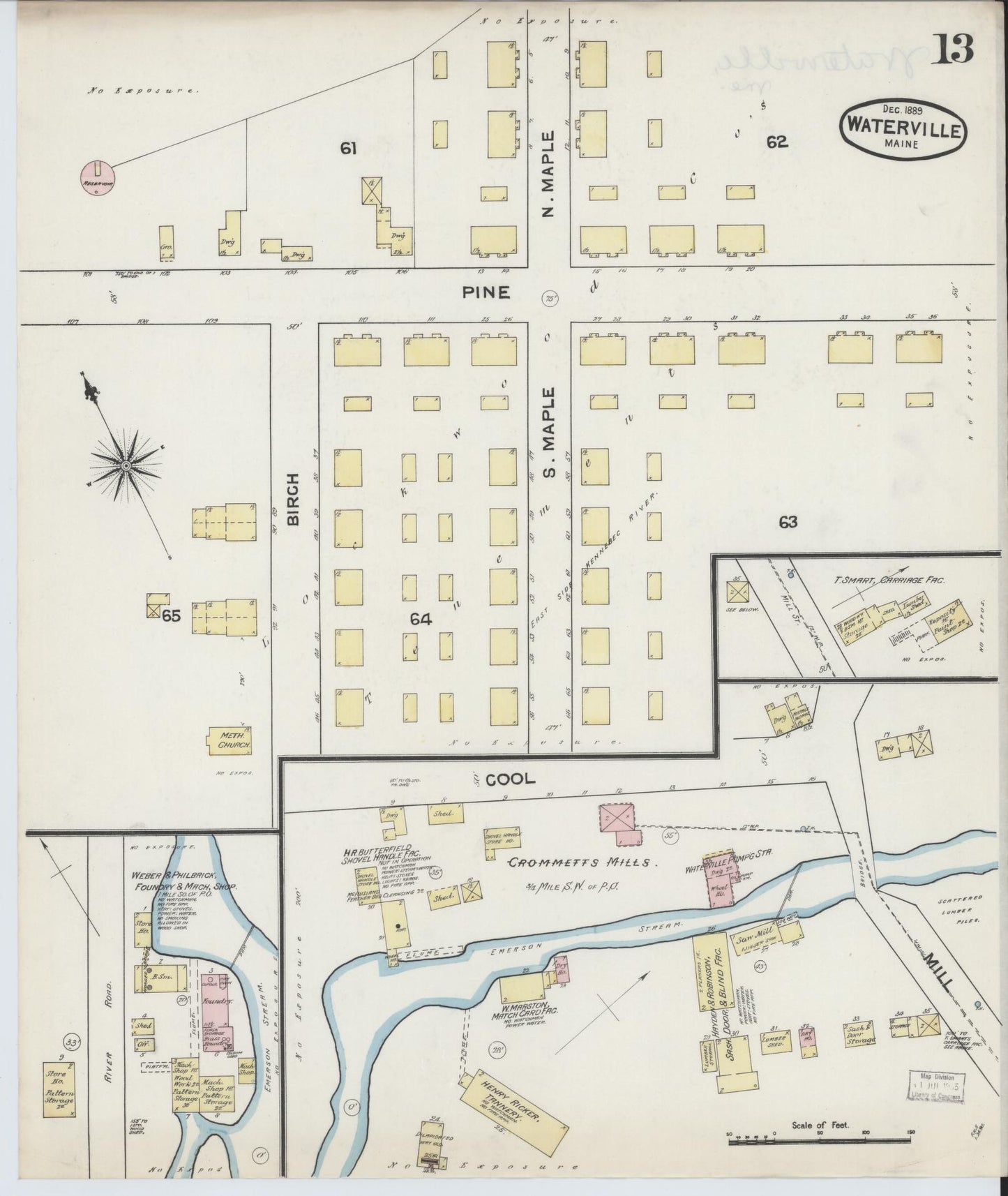 Sanborn Fire Insurance Map from Waterville, Kennebec County, Maine (1889), Sheet #0013 - Complete Map Set gallery image, historic Sanborn map, vintage wall art, Maine Maine