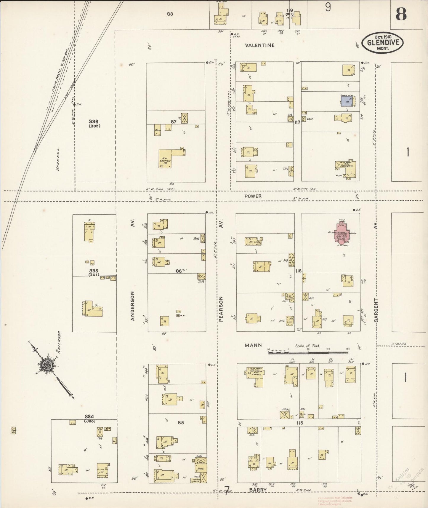 Sanborn Fire Insurance Map from Glendive, Dawson County, Montana (1910), Sheet #0008 - Historic Sanborn Fire Insurance Map Print, vintage old map wall art, antique decor, genealogy gift, Montana Montana map