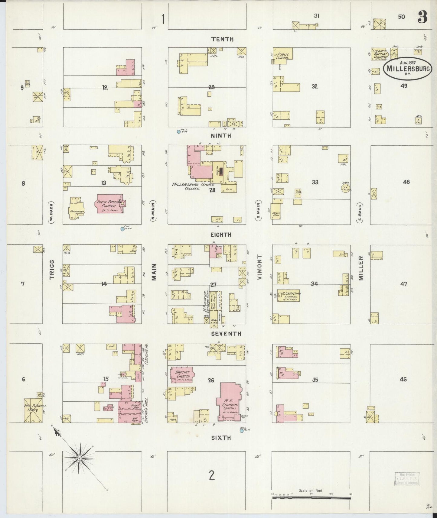 Sanborn Fire Insurance Map from Millersburg, Bourbon County, Kentucky (1897), Sheet #0003 - Historic Sanborn Fire Insurance Map Print, vintage old map wall art, antique decor, genealogy gift, Kentucky Kentucky map