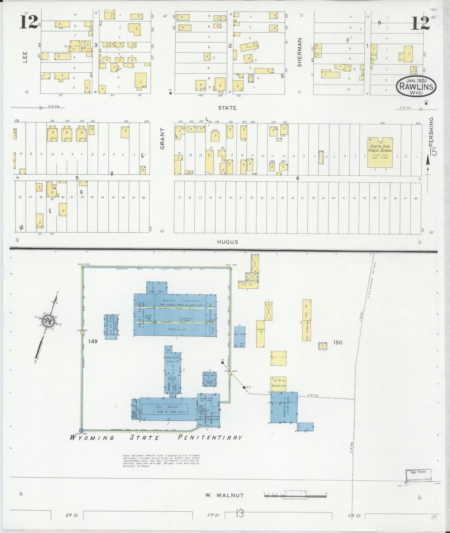 Sanborn Fire Insurance Map from Rawlins, Carbon County, Wyoming (1931), Sheet #0012 - Historic Sanborn Fire Insurance Map Print, vintage old map wall art, antique decor, genealogy gift, Wyoming Wyoming map