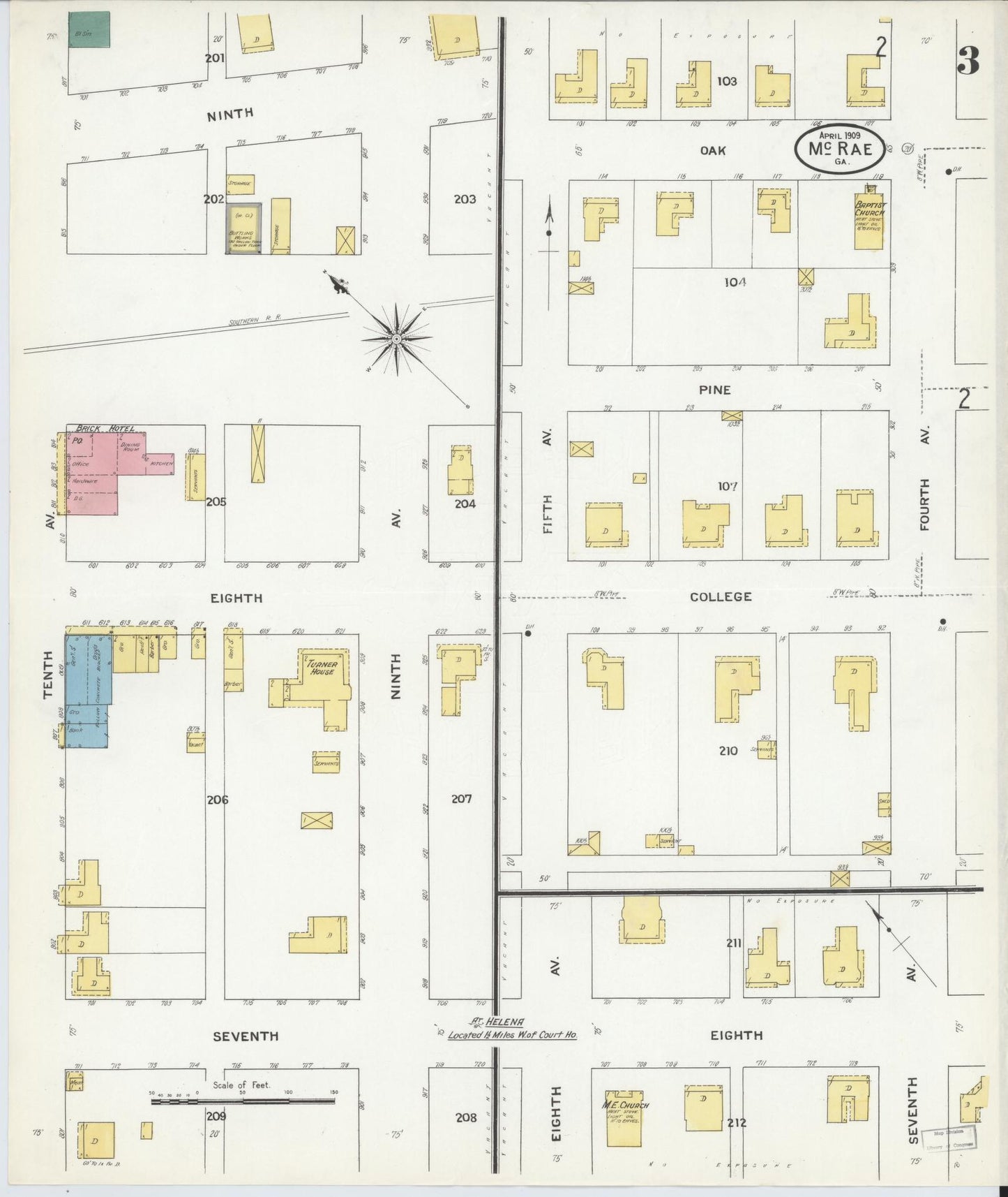 Sanborn Fire Insurance Map from Mcrae, Telfair County, Georgia (1909), Sheet #0003 - Complete Map Set gallery image, historic Sanborn map, vintage wall art, Georgia Georgia