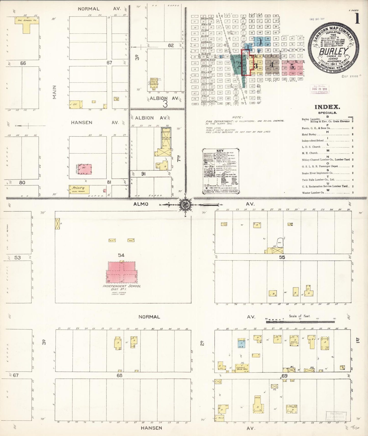 Sanborn Fire Insurance Map from Burley, Cassia County, Idaho (1911), Sheet #0001 - Historic Sanborn Fire Insurance Map Print, vintage old map wall art, antique decor, genealogy gift, Idaho Idaho map